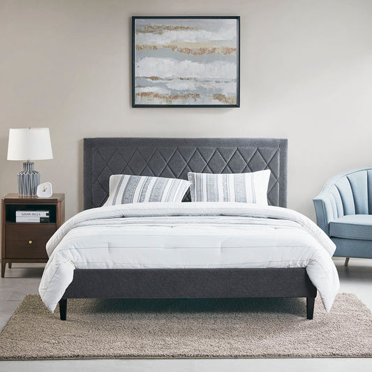 TREATLIFE HOME Queen Platform Bed with Quilted Upholstered Headboard and Sturdy Construction, Modern Design, Charcoal Grey