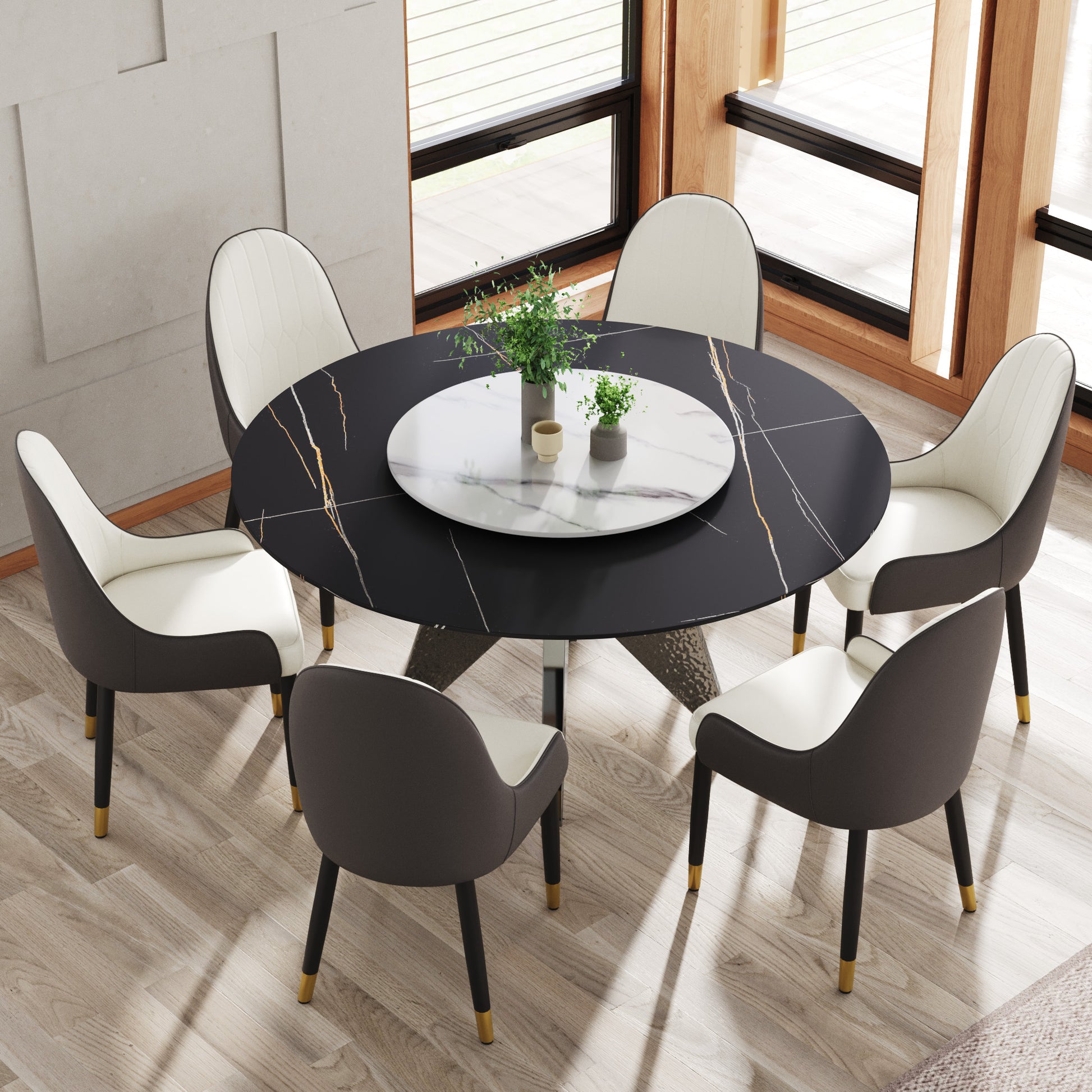 Round marble dining table with swivel tray and  upholstered chairs