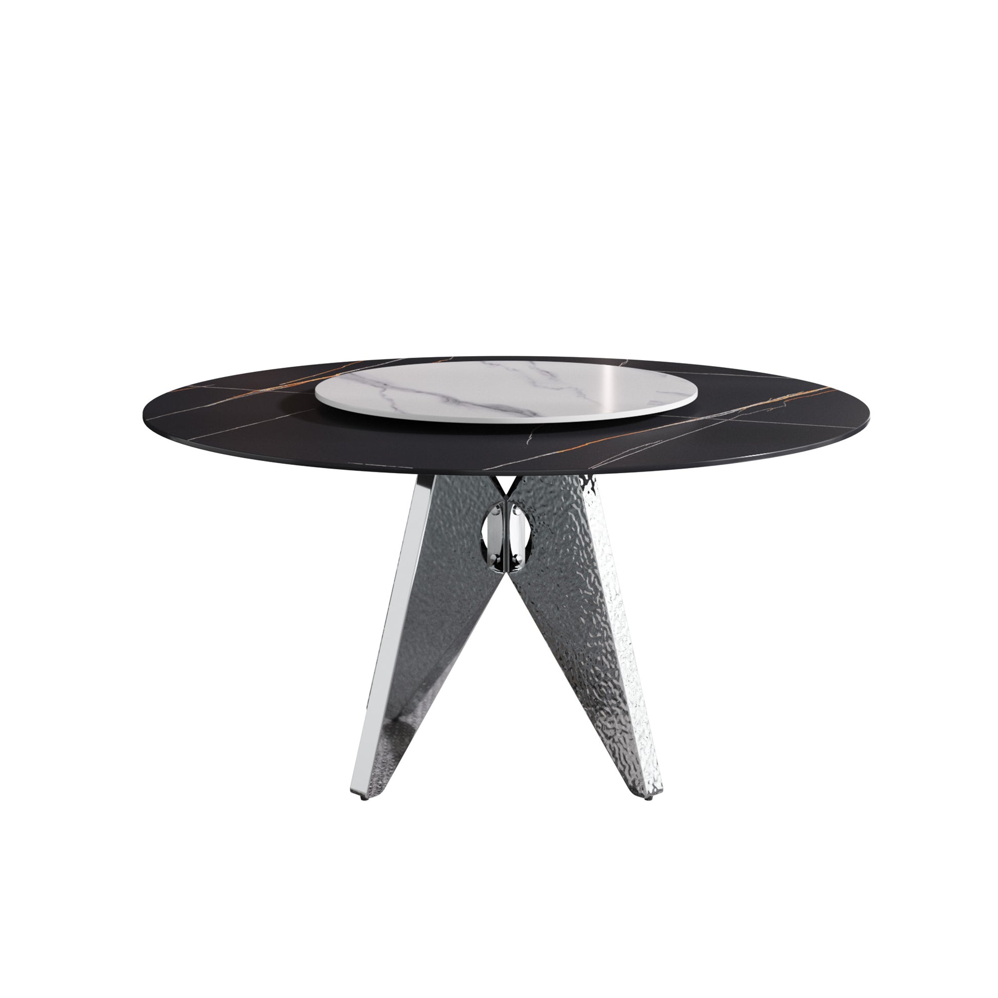 Round black marble dining table with swiveling lazy Susan