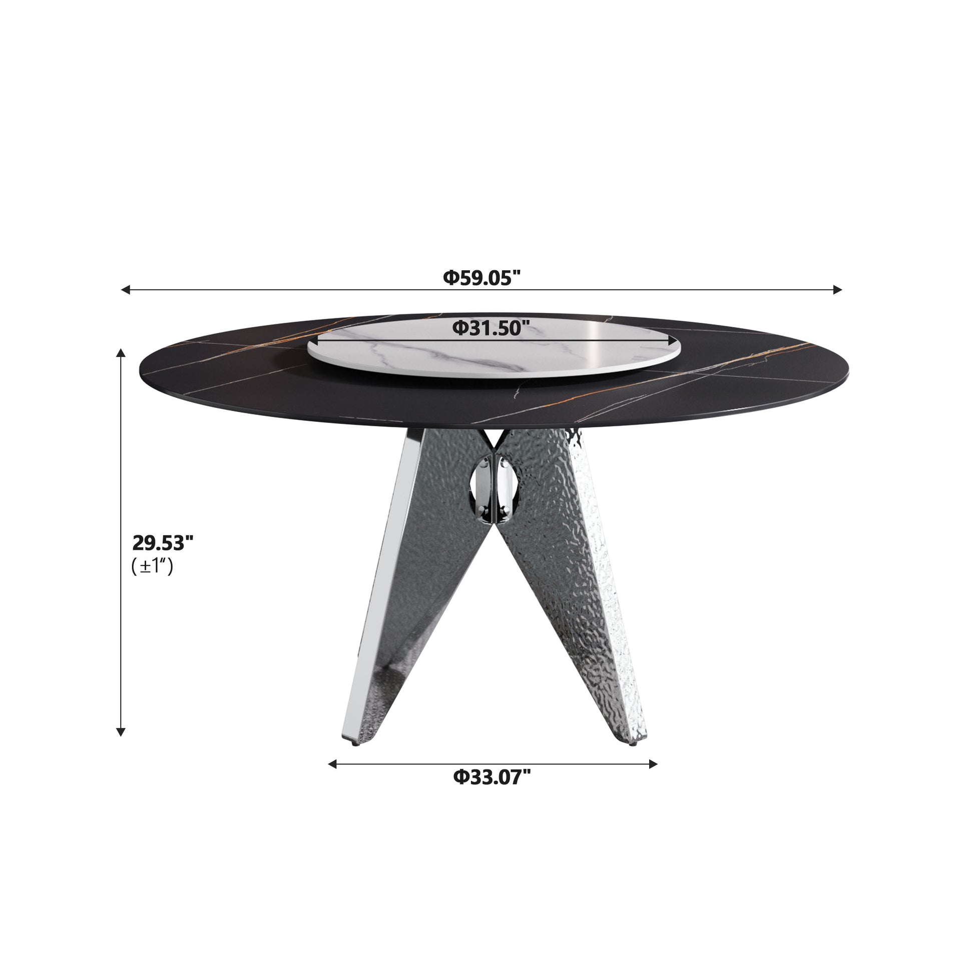 Modern black marble dining table with gold veining and rotating tray