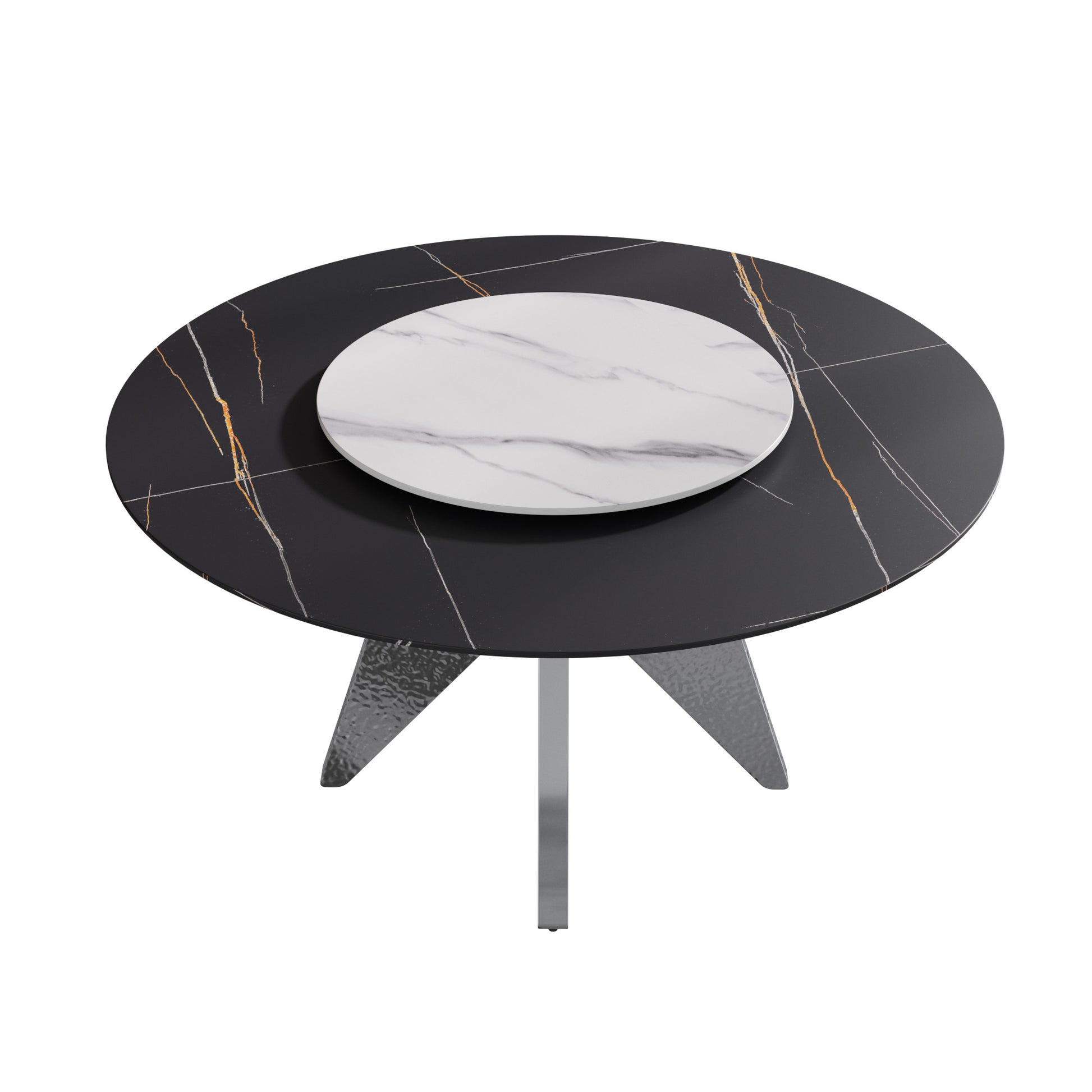 Round black ceramic dining table with white marble inlay and gold accents