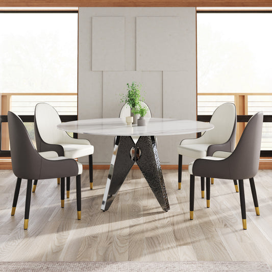 Modern round marble dining table with abstract metallic base