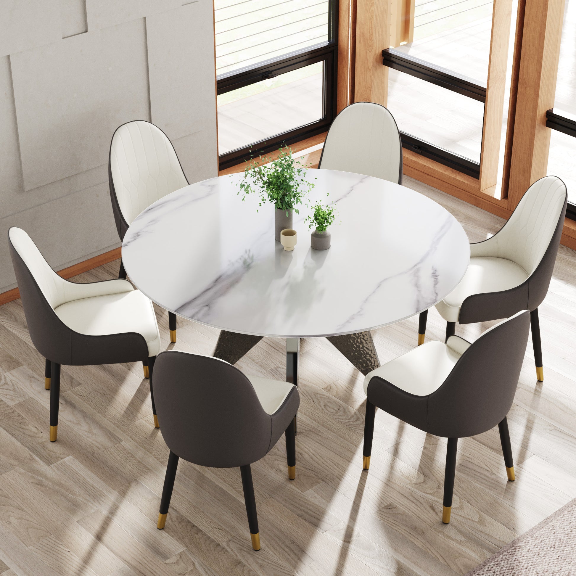 Modern white marble dining table with upholstered chairs