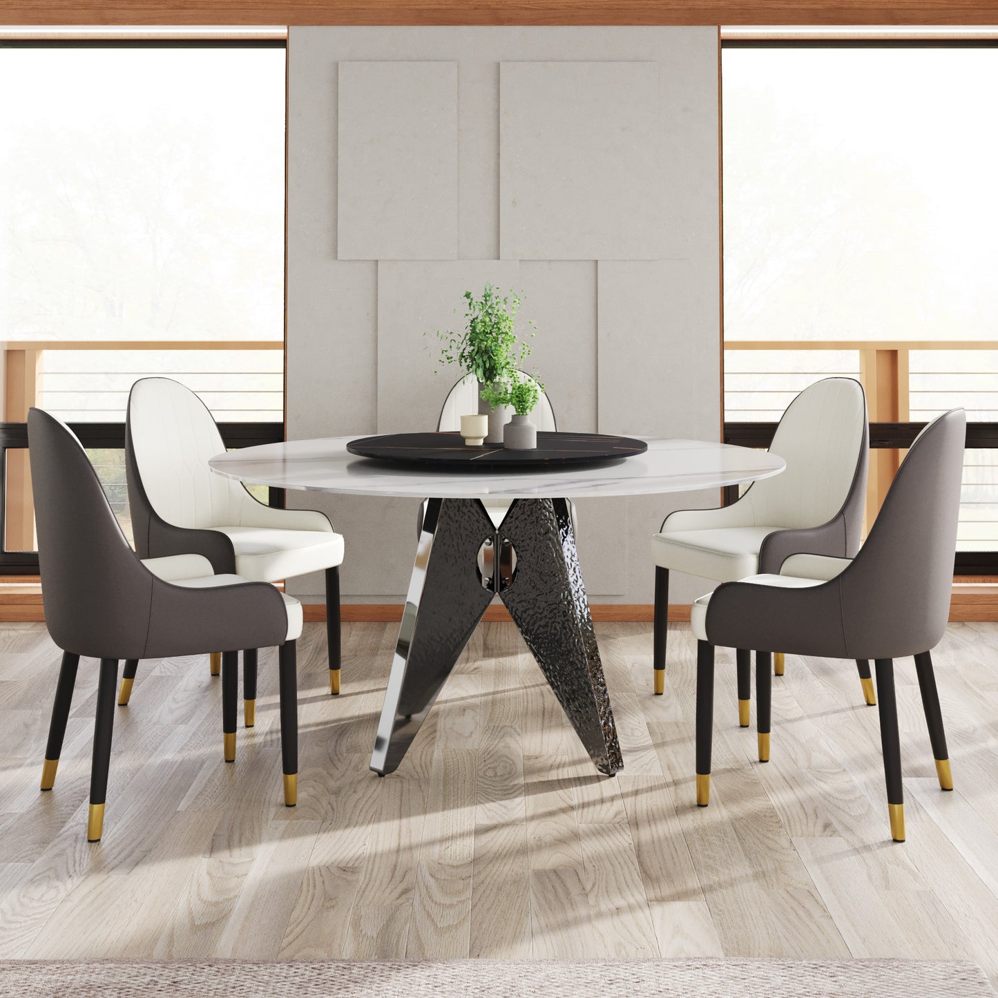 Modern dining chairs with grey and white upholstery and goldtipped black legs
