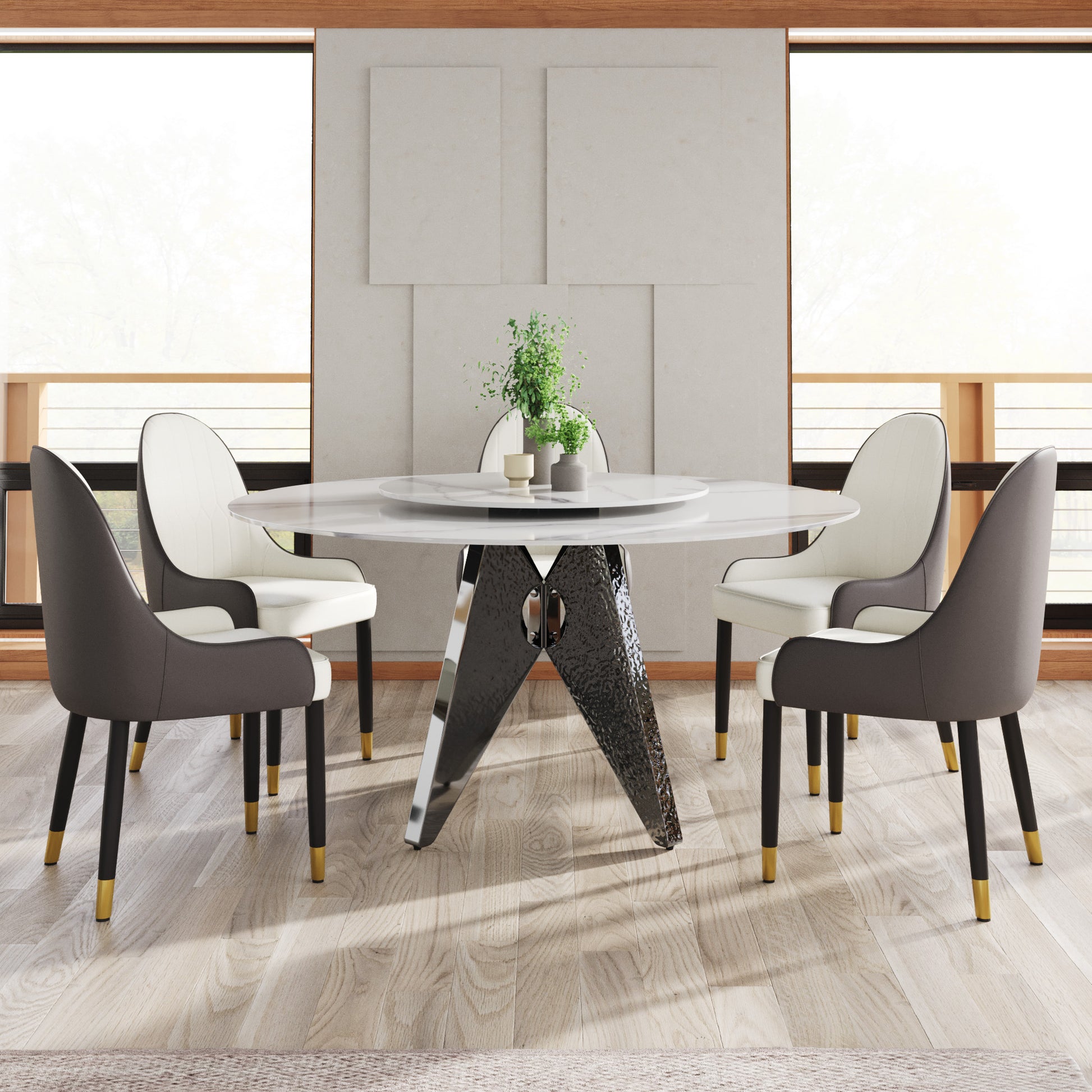 Modern white marble dining table with rotating tray and four upholstered chairs