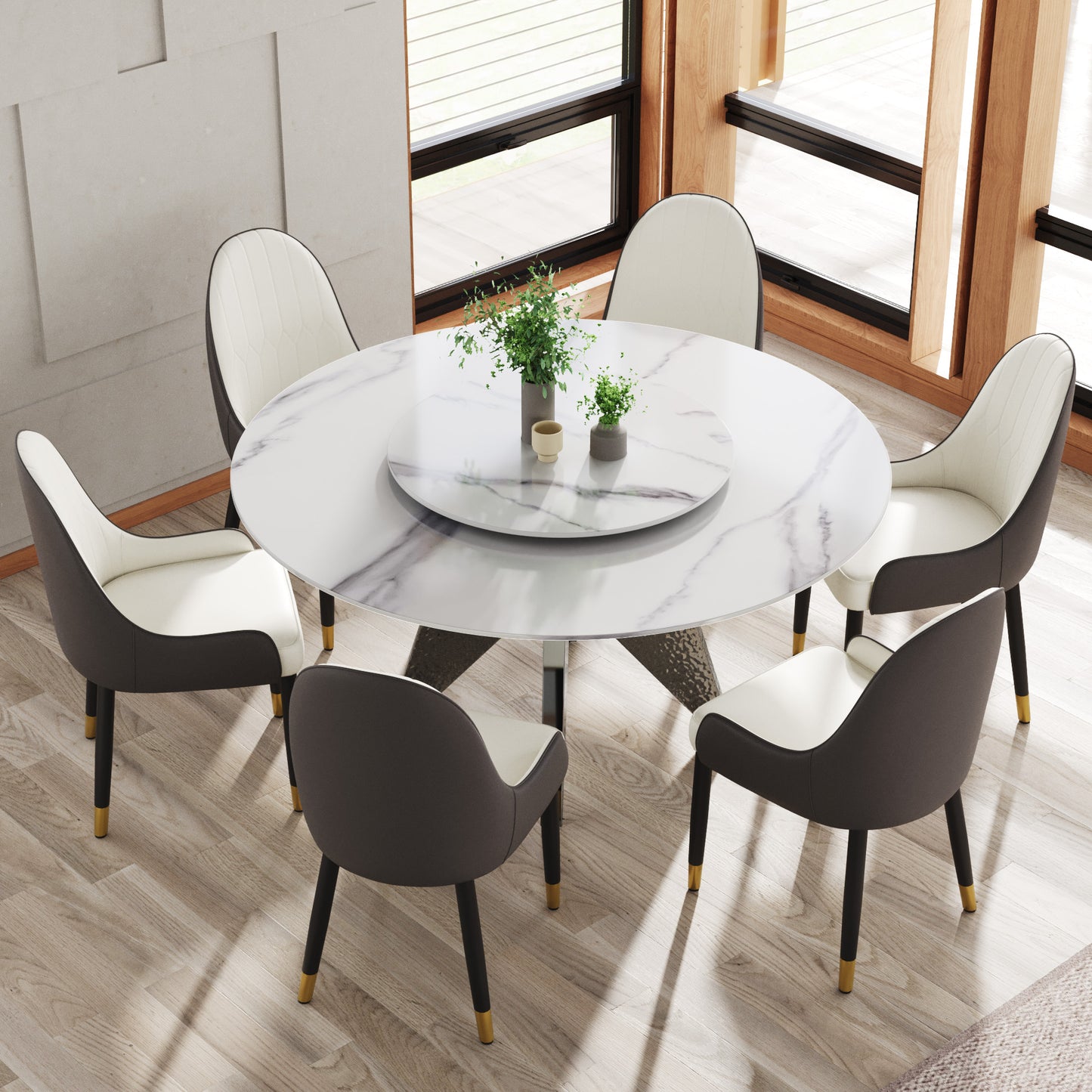 Modern marble dining table with plush chairs