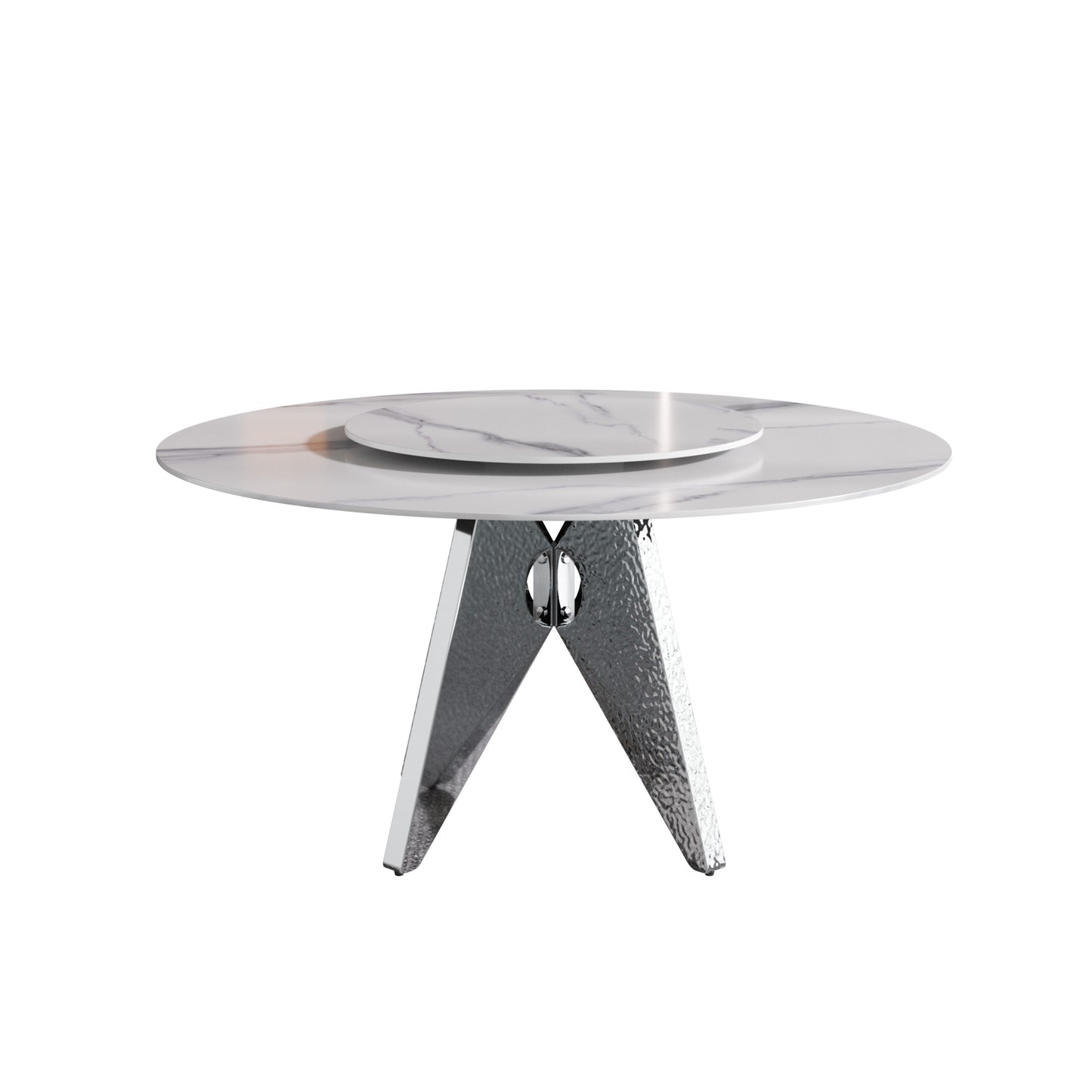 Modern round marble dining table with a textured chrome pedestal base
