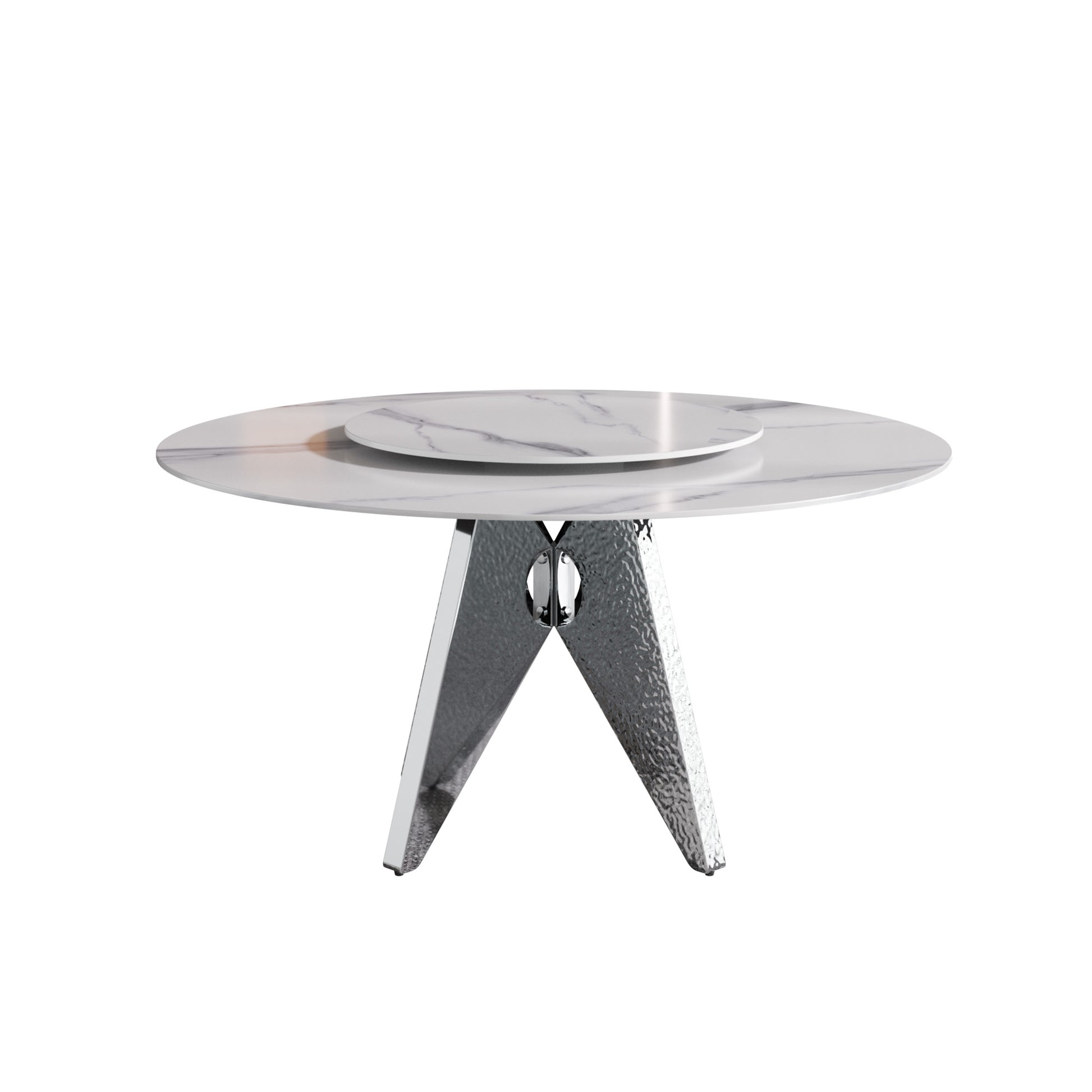 Modern round marble dining table with a textured chrome pedestal base