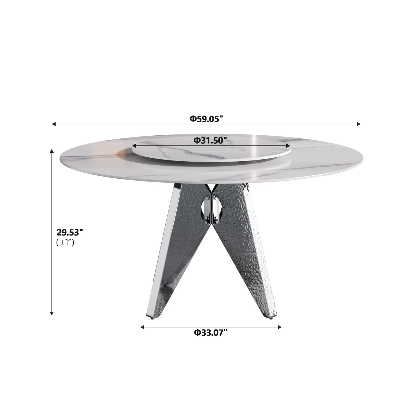 Modern white marble dining table with chrome base and lazy Susan