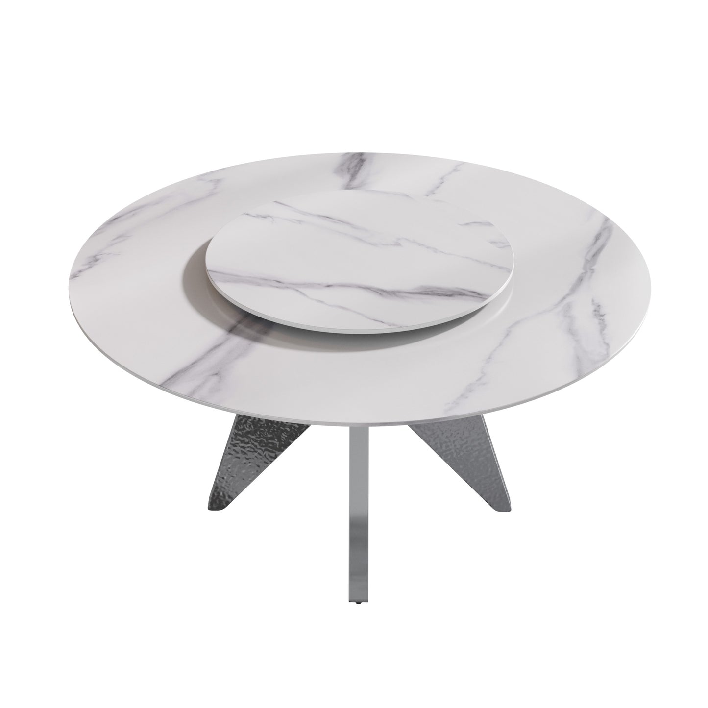 White marblelook round coffee table with a raised center and geometric silver base