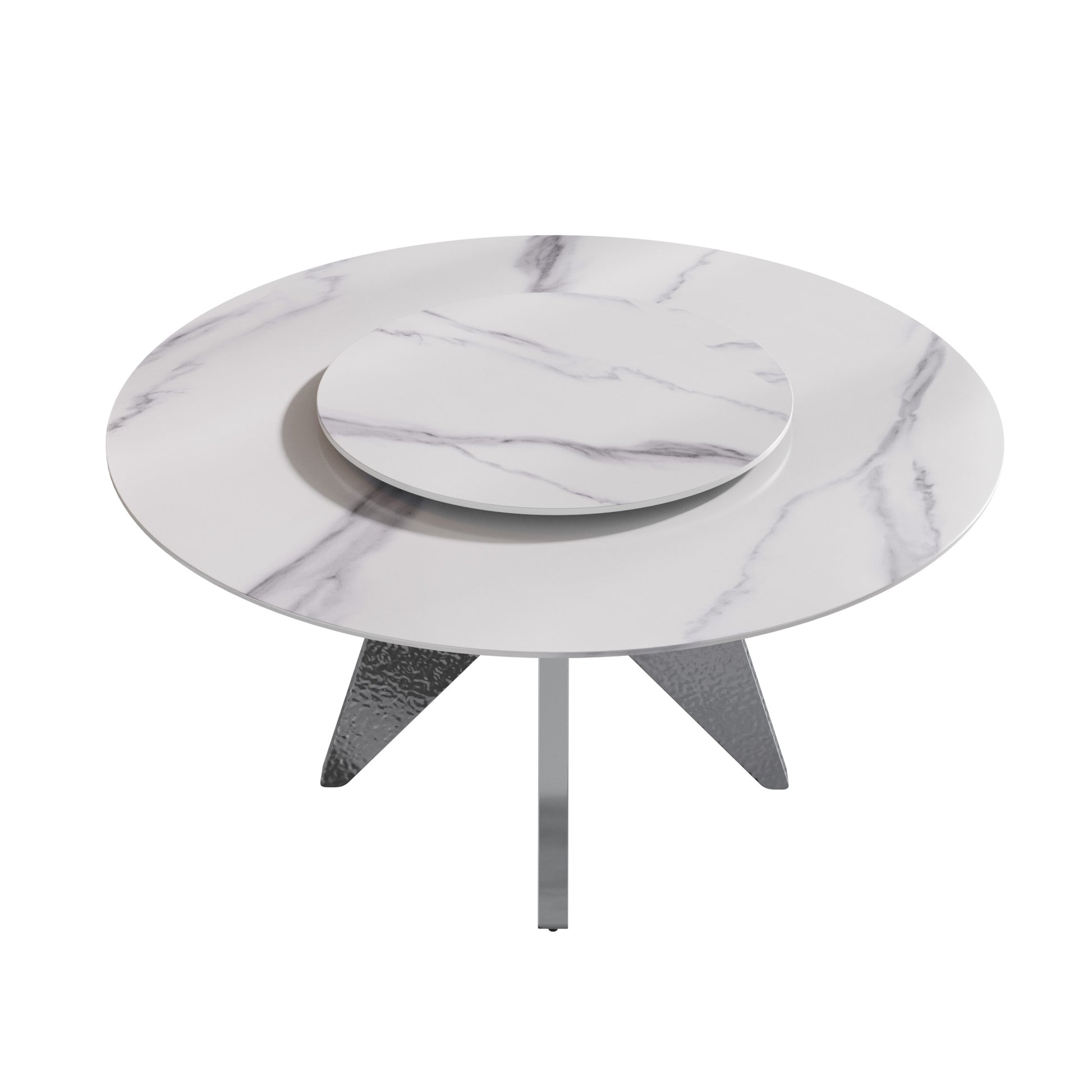 White marblelook round coffee table with a raised center and geometric silver base