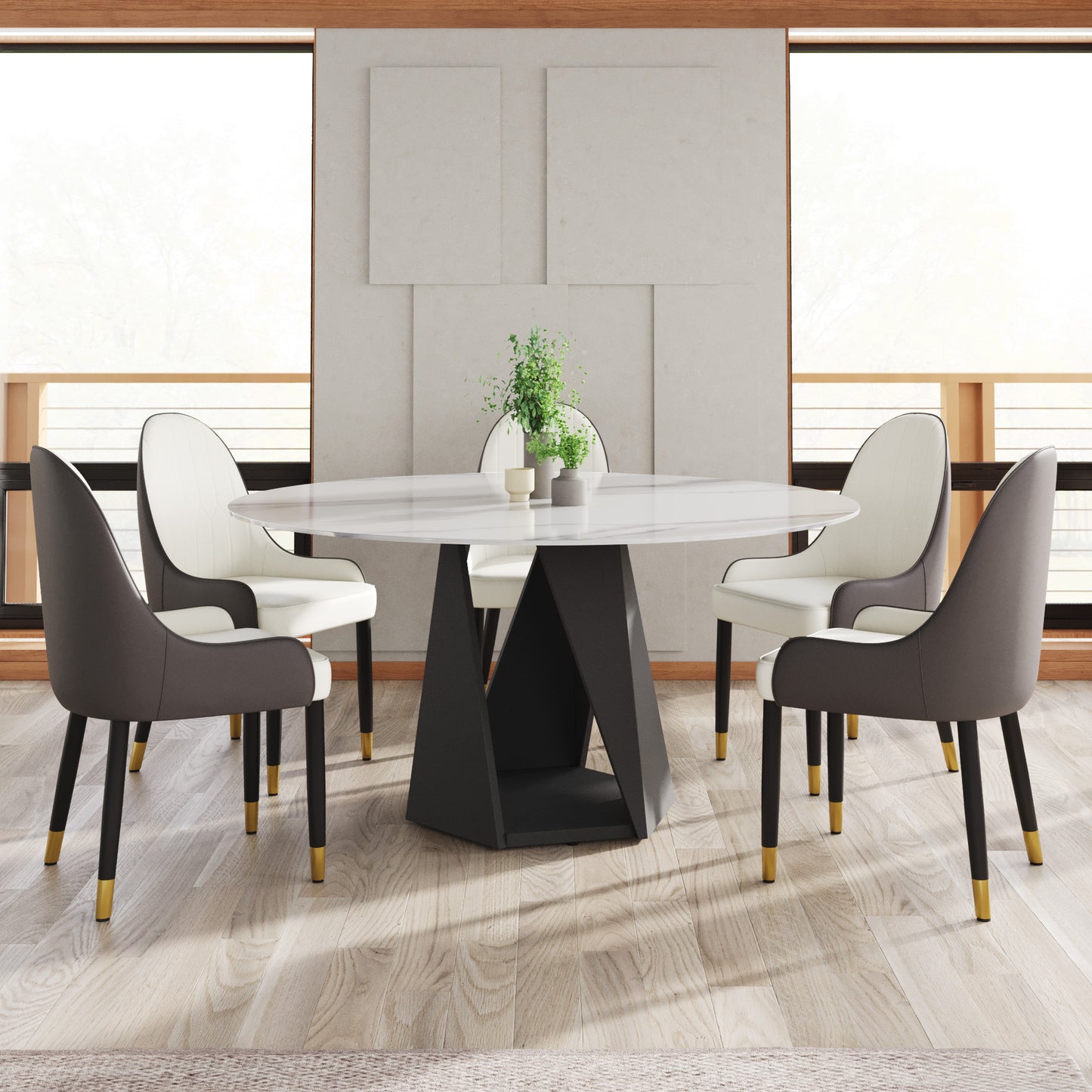Round white marble dining table with modern angular black pedestal base