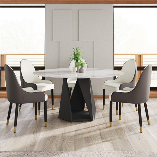 Round white marble dining table with modern angular black pedestal base