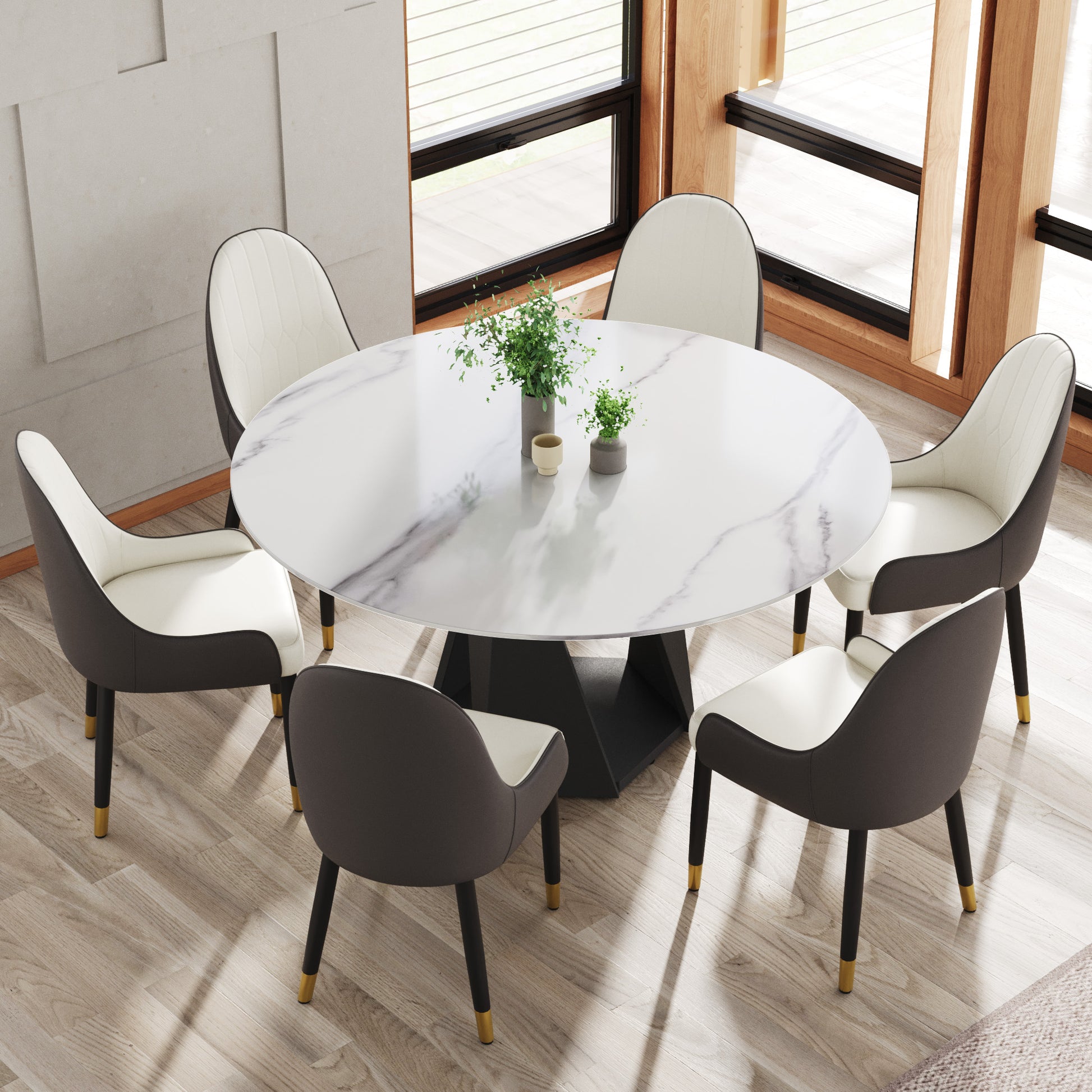 Modern marble dining table with six upholstered chairs