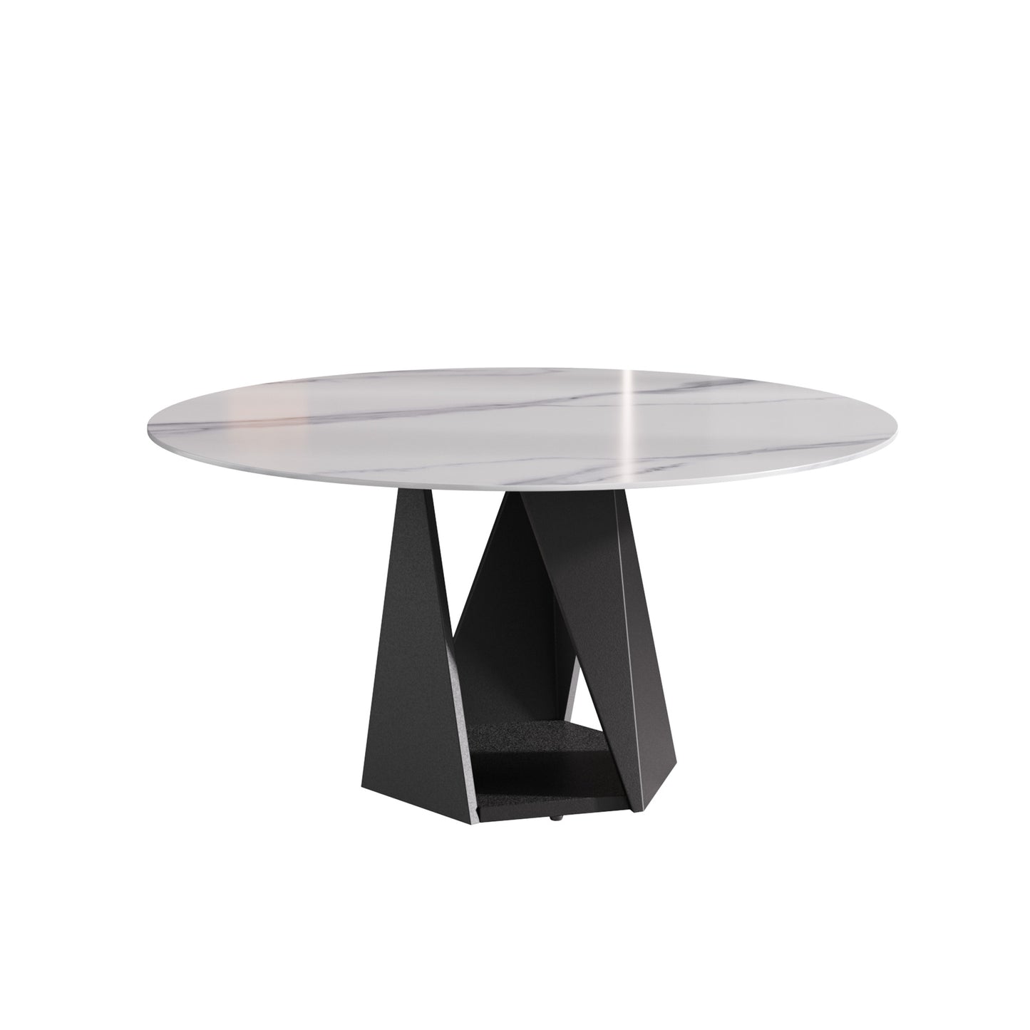 Round marble top dining table with geometric black metal base