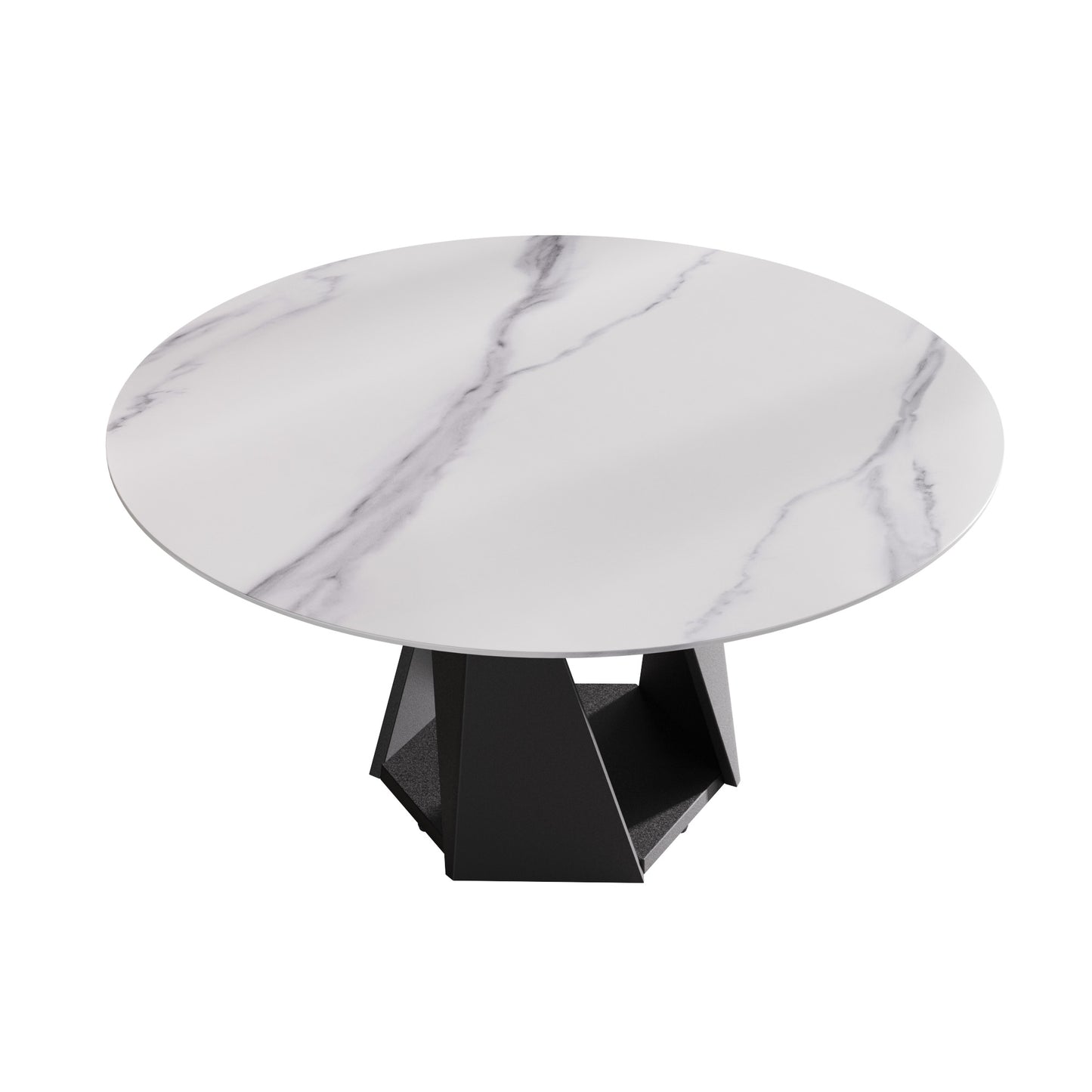 Round marble coffee table with a geometric black metal base