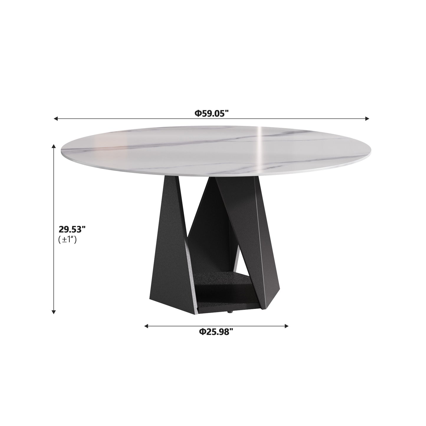 Round marble dining table with geometric black pedestal base