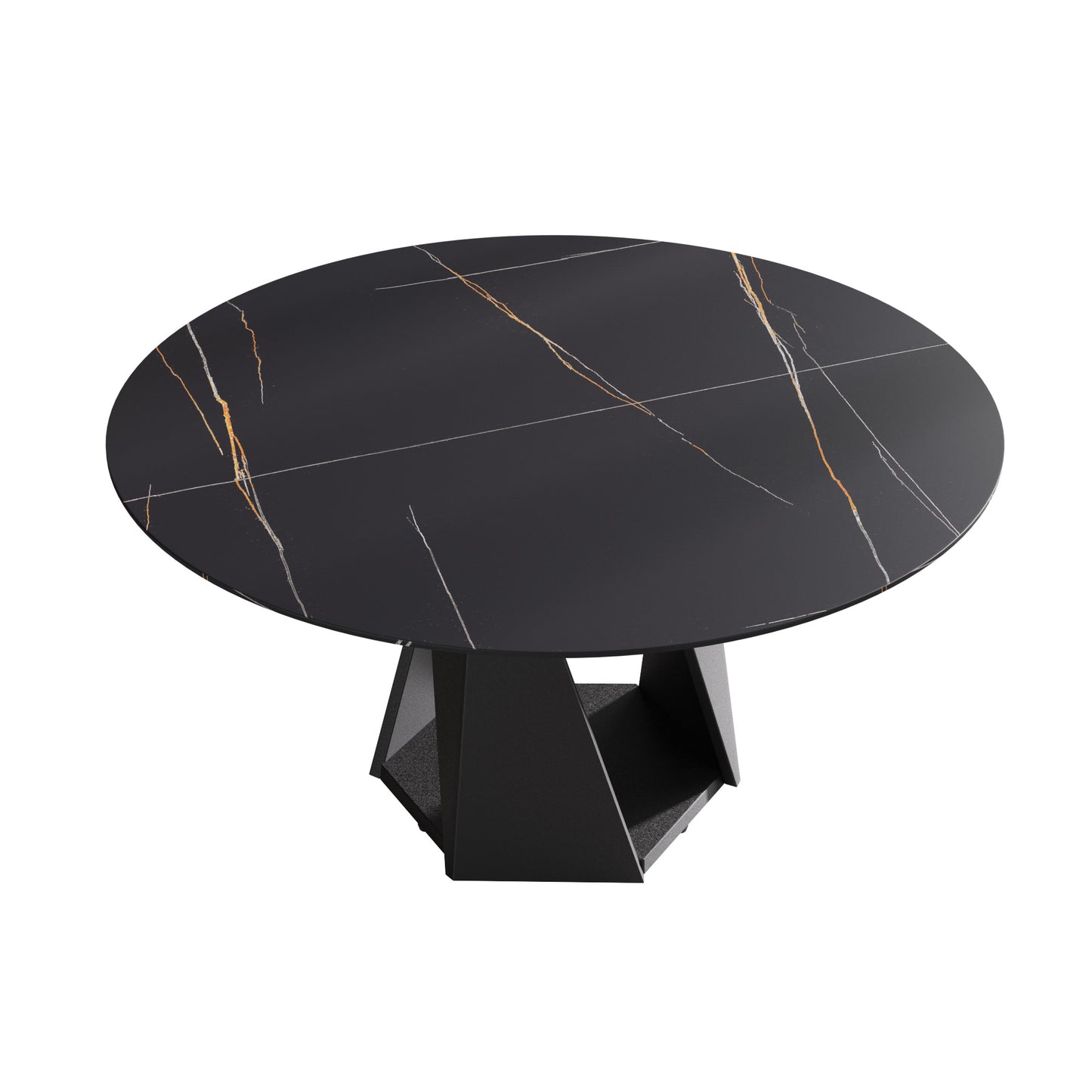 Round black marble dining table with gold and white veining