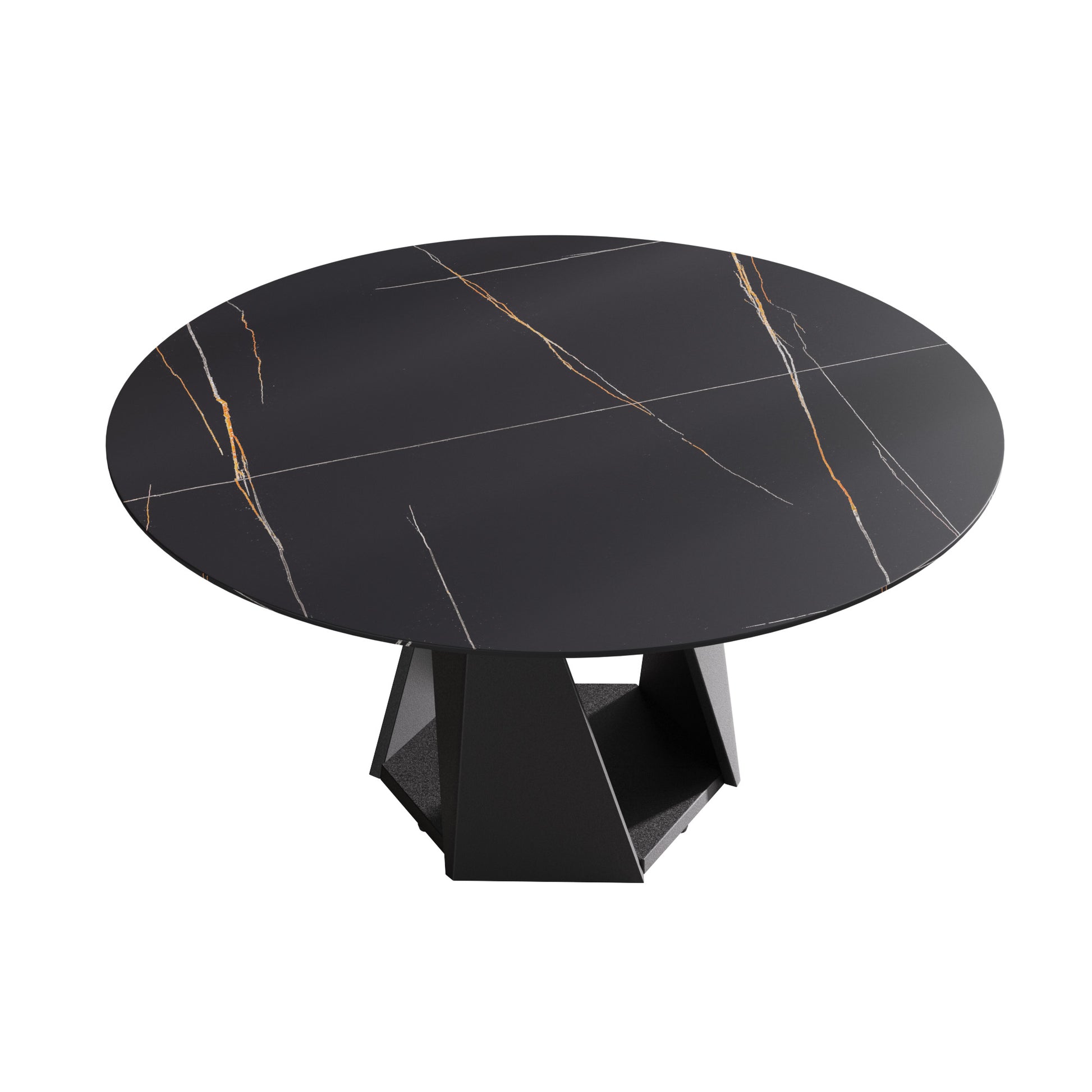 Round black marble dining table with gold and white veining