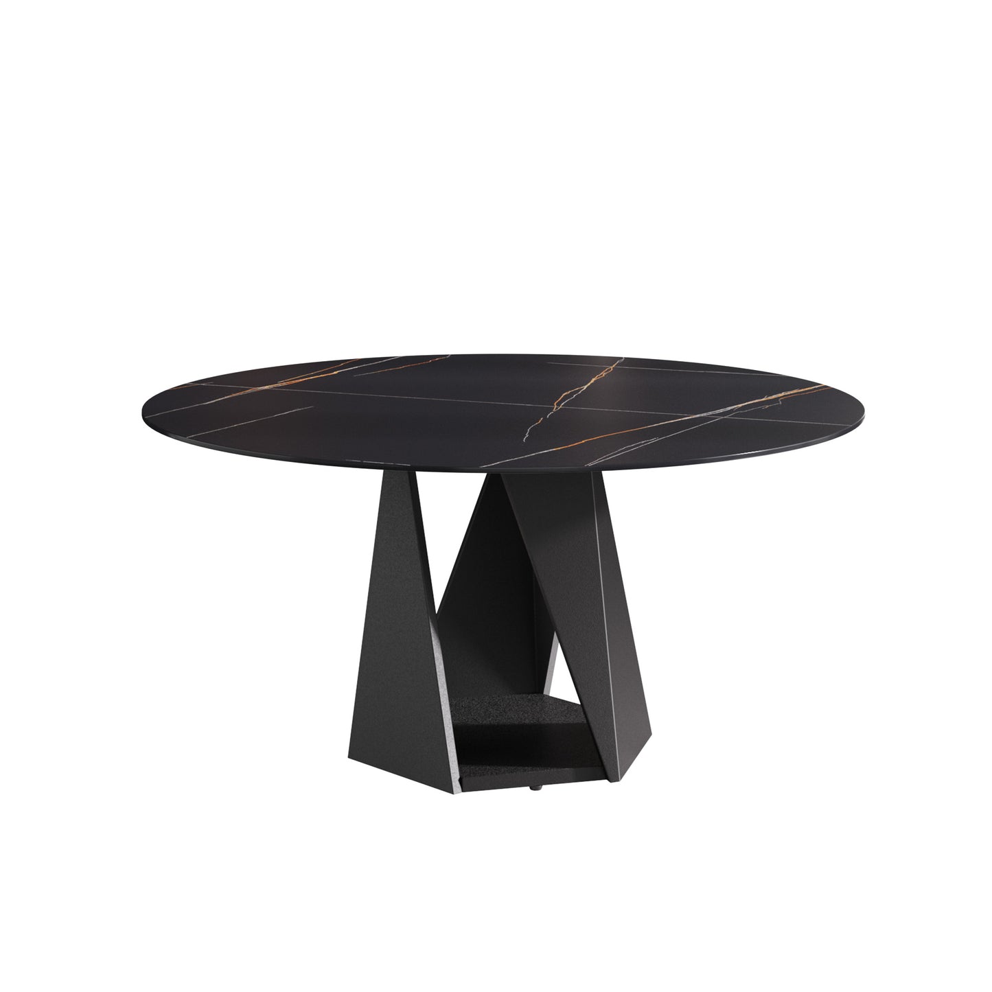 Round black marble dining table with gold veining and geometric metal base