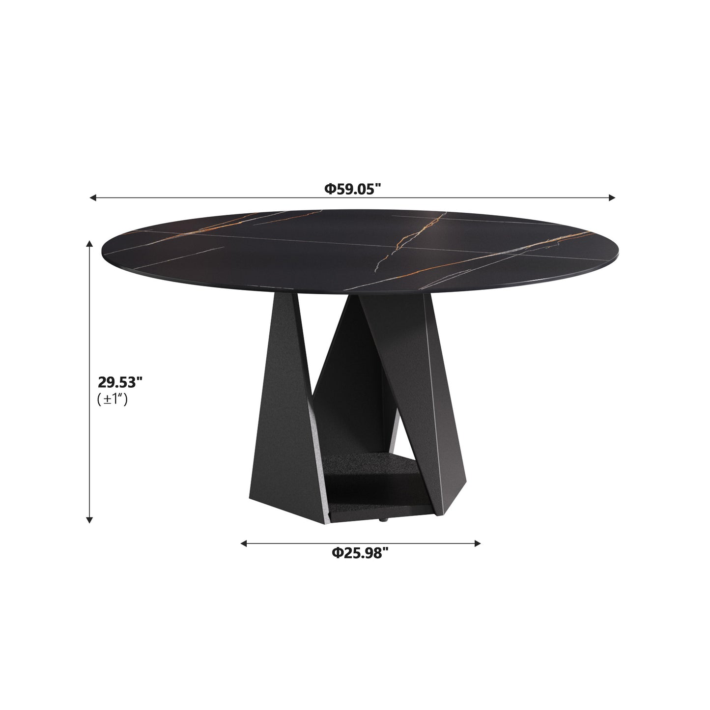 Black marble round dining table with gold veining and geometric base