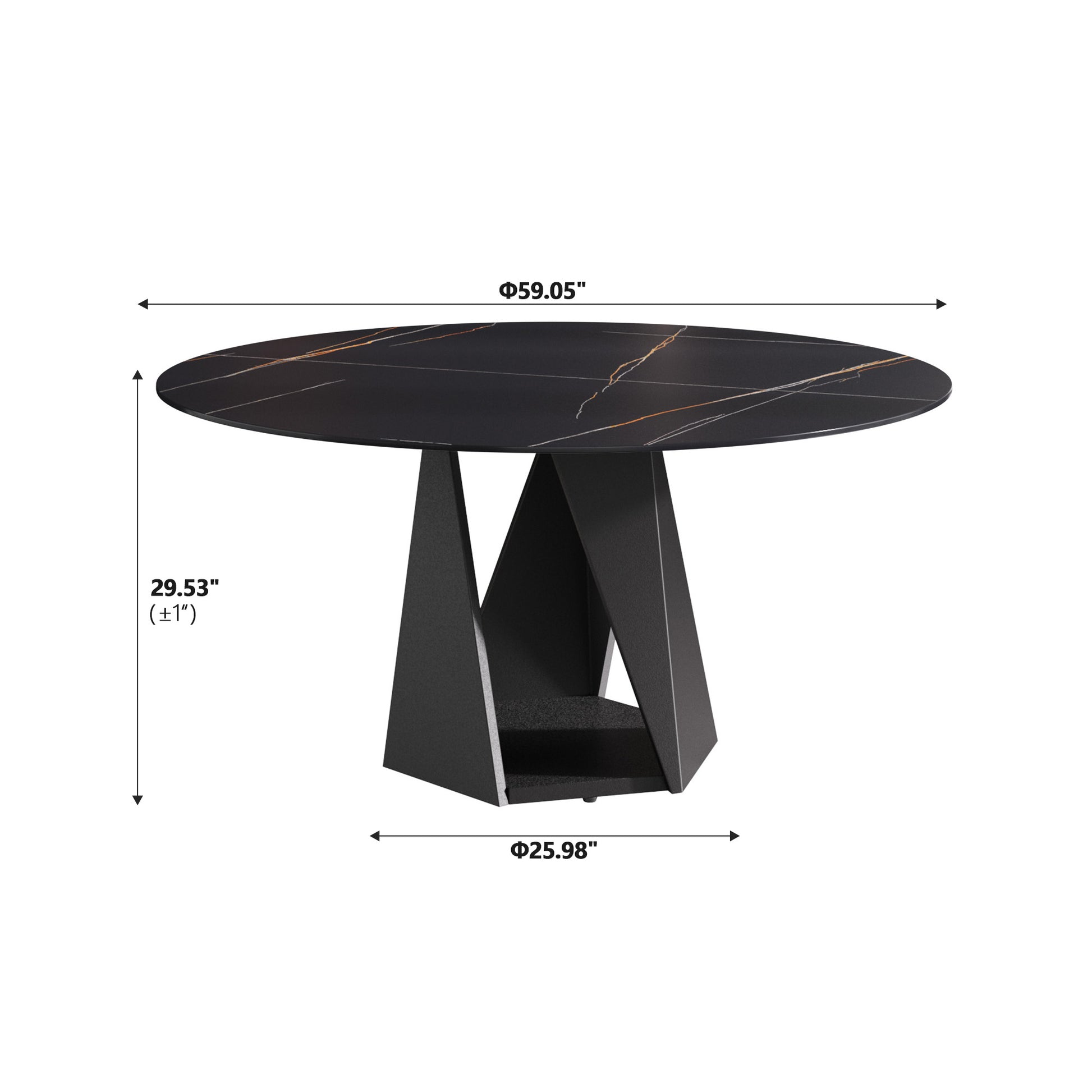 Black marble round dining table with gold veining and geometric base