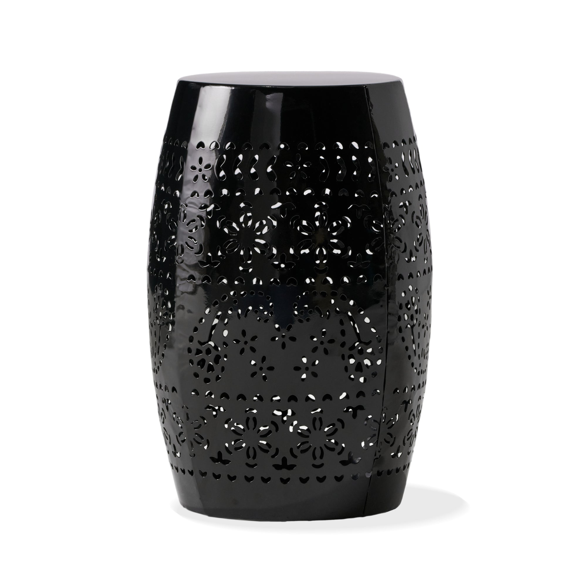 Black metal barrel stool with intricate floral cutouts for outdoor seating