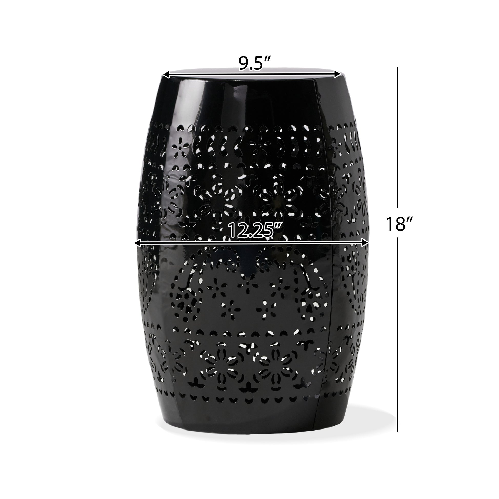 Black metal garden stool with intricate floral cutouts perfect for outdoor seating