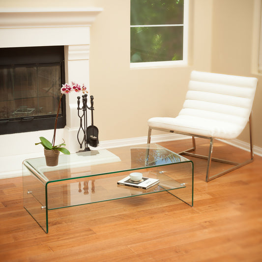 Curved glass coffee table with a sleek design and minimalist appeal