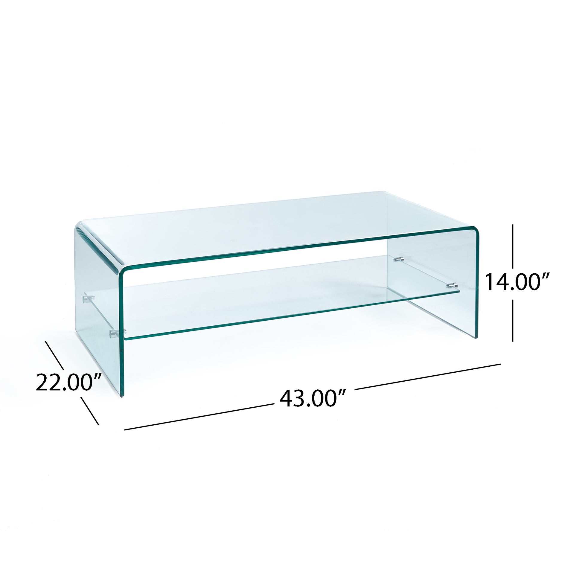 Clear glass waterfall coffee table with curved edges and lower shelf  L x  W x  H