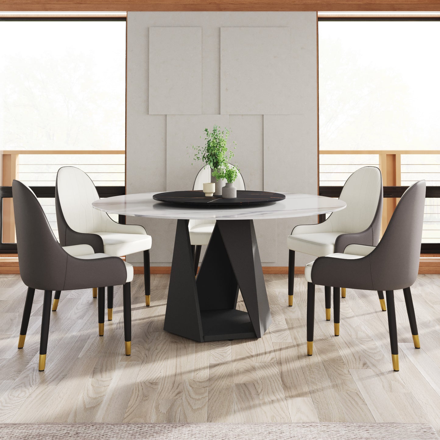Modern marble top dining table with grey and white chairs