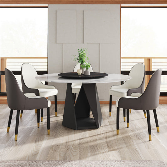Modern marble top dining table with grey and white chairs