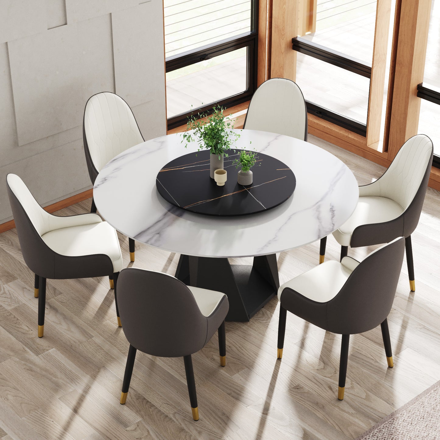 Modern marble dining table with upholstered chairs