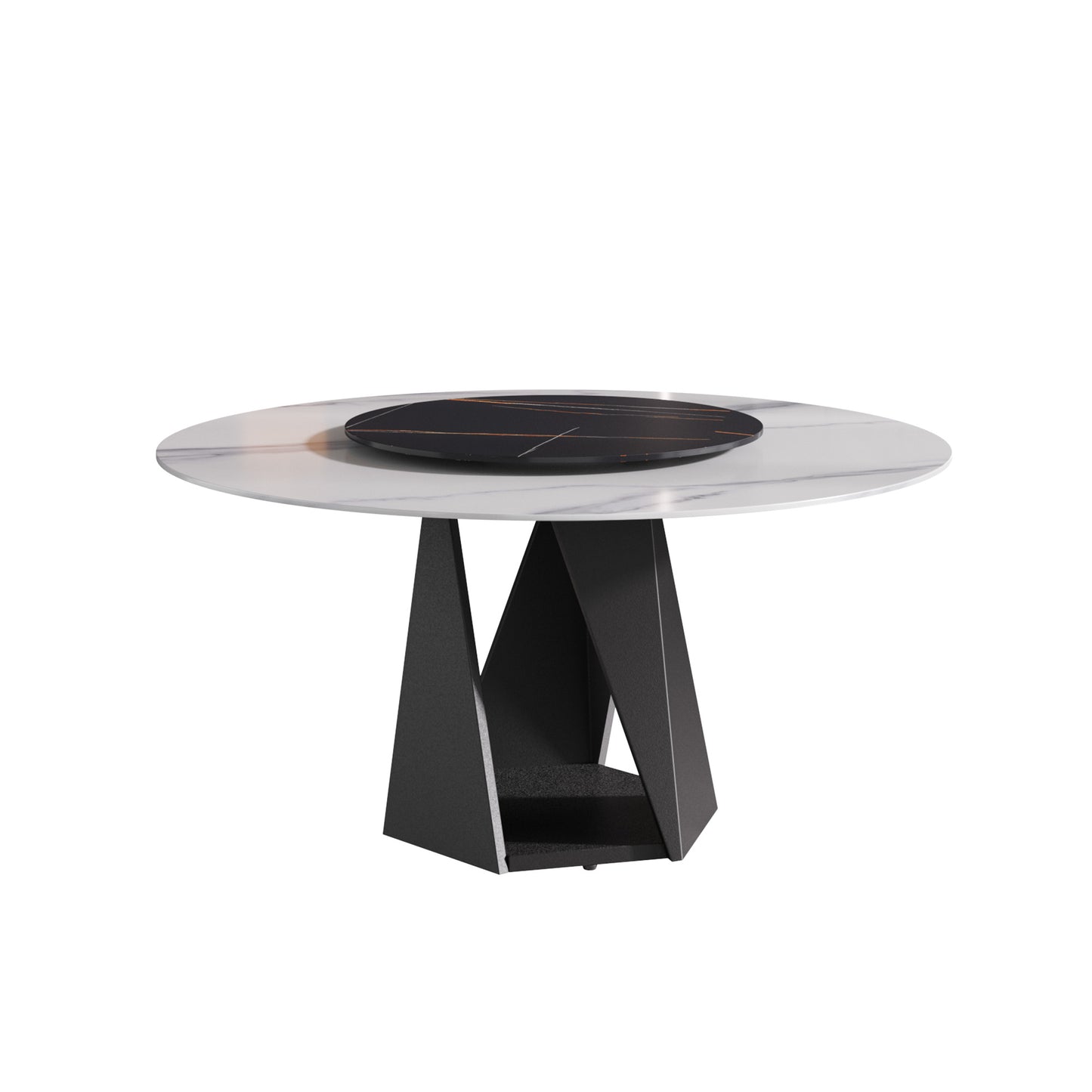 Modern round marble dining table with black geometric pedestal base