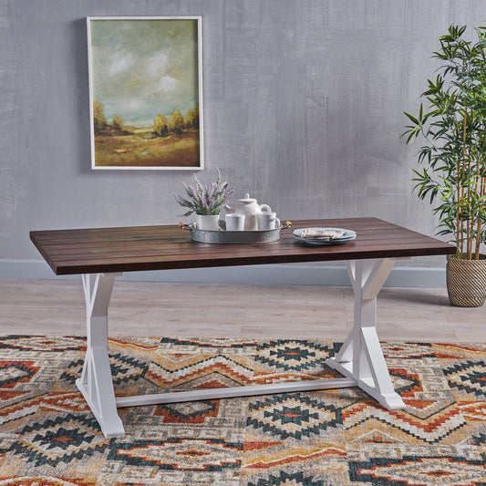 Dark wood dining table with white trestle legs perfect for modern homes