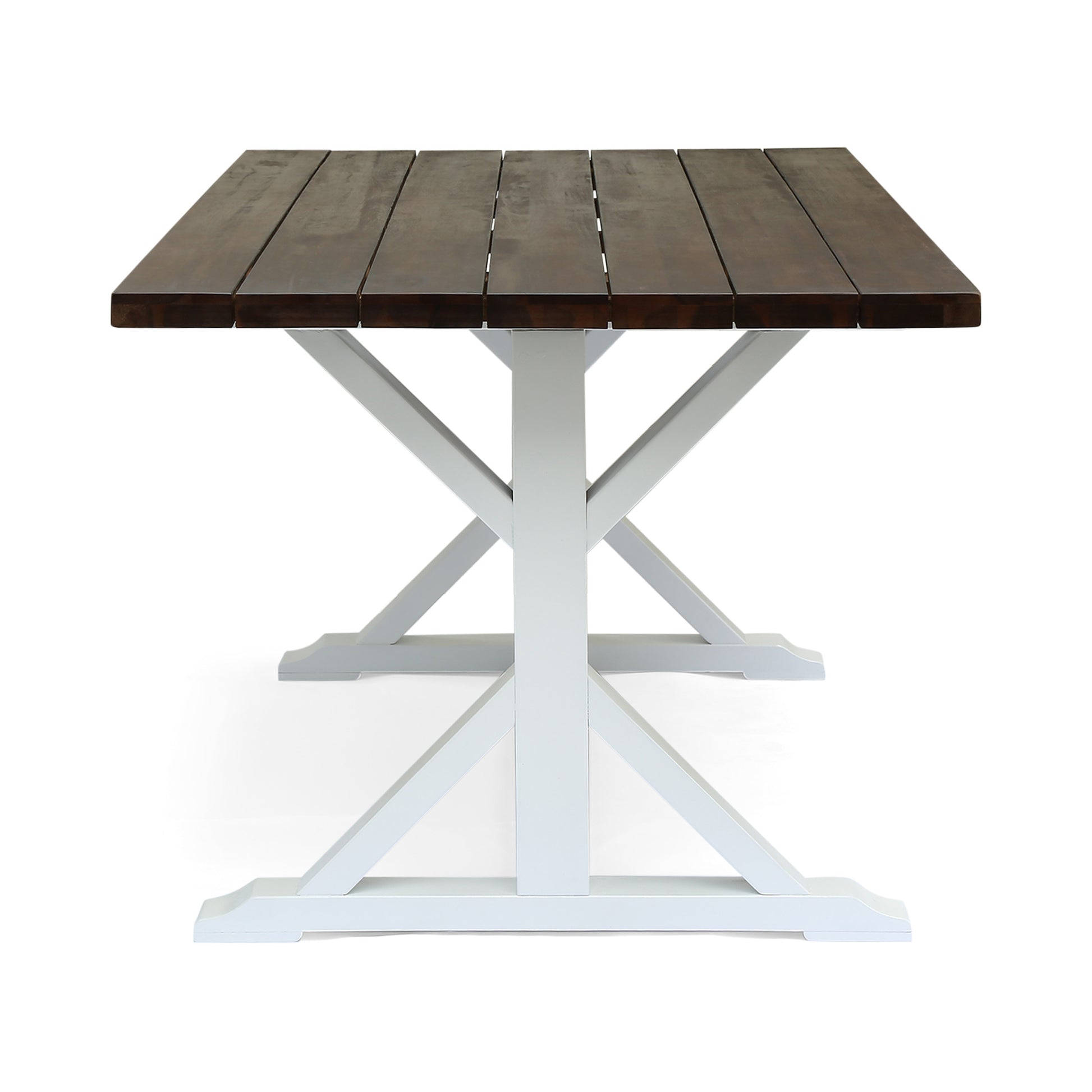 Dark brown reclaimed wood dining table with white Xleg base