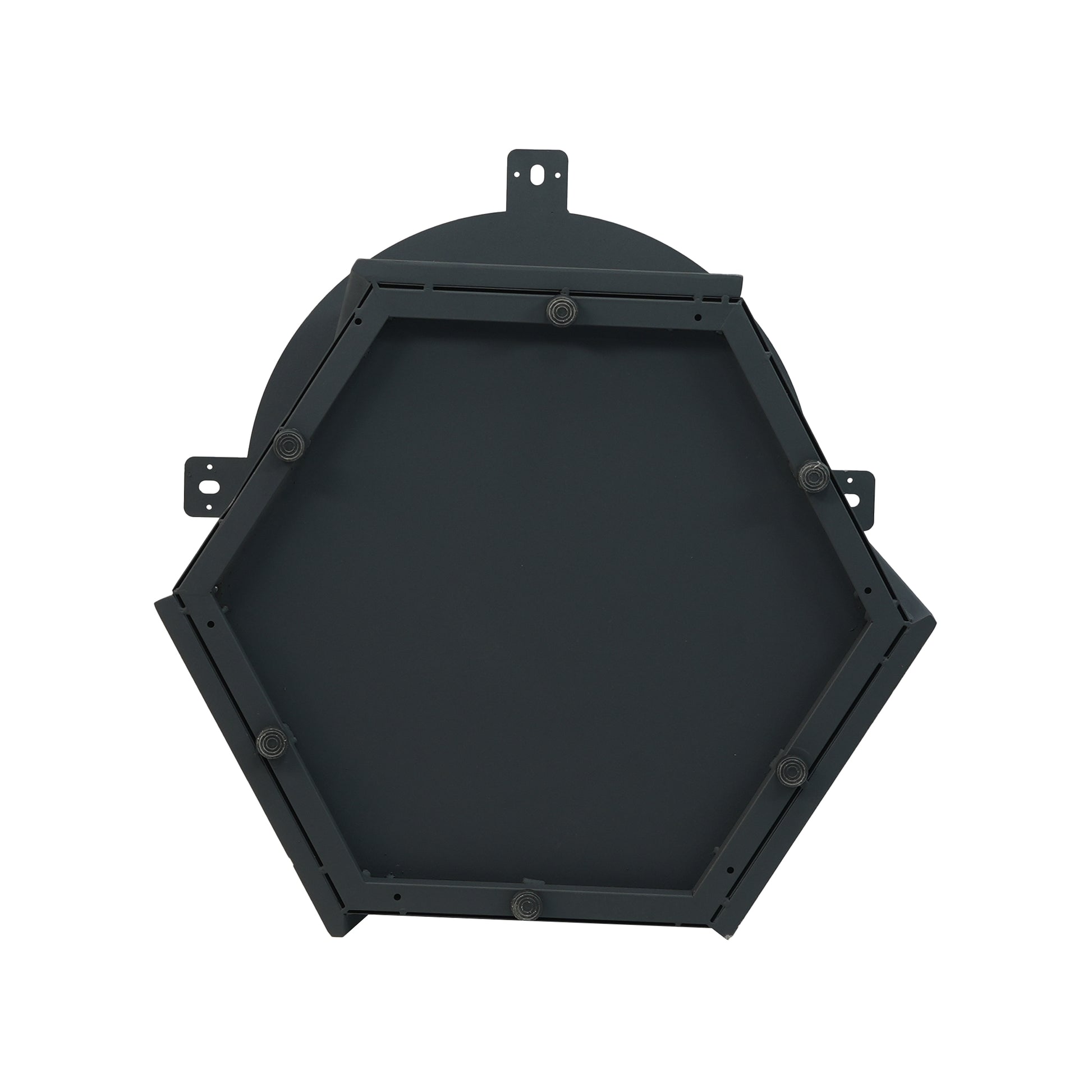 Dark gray hexagonal metal mounting bracket with securing springs ideal for outdoor lighting fixtures
