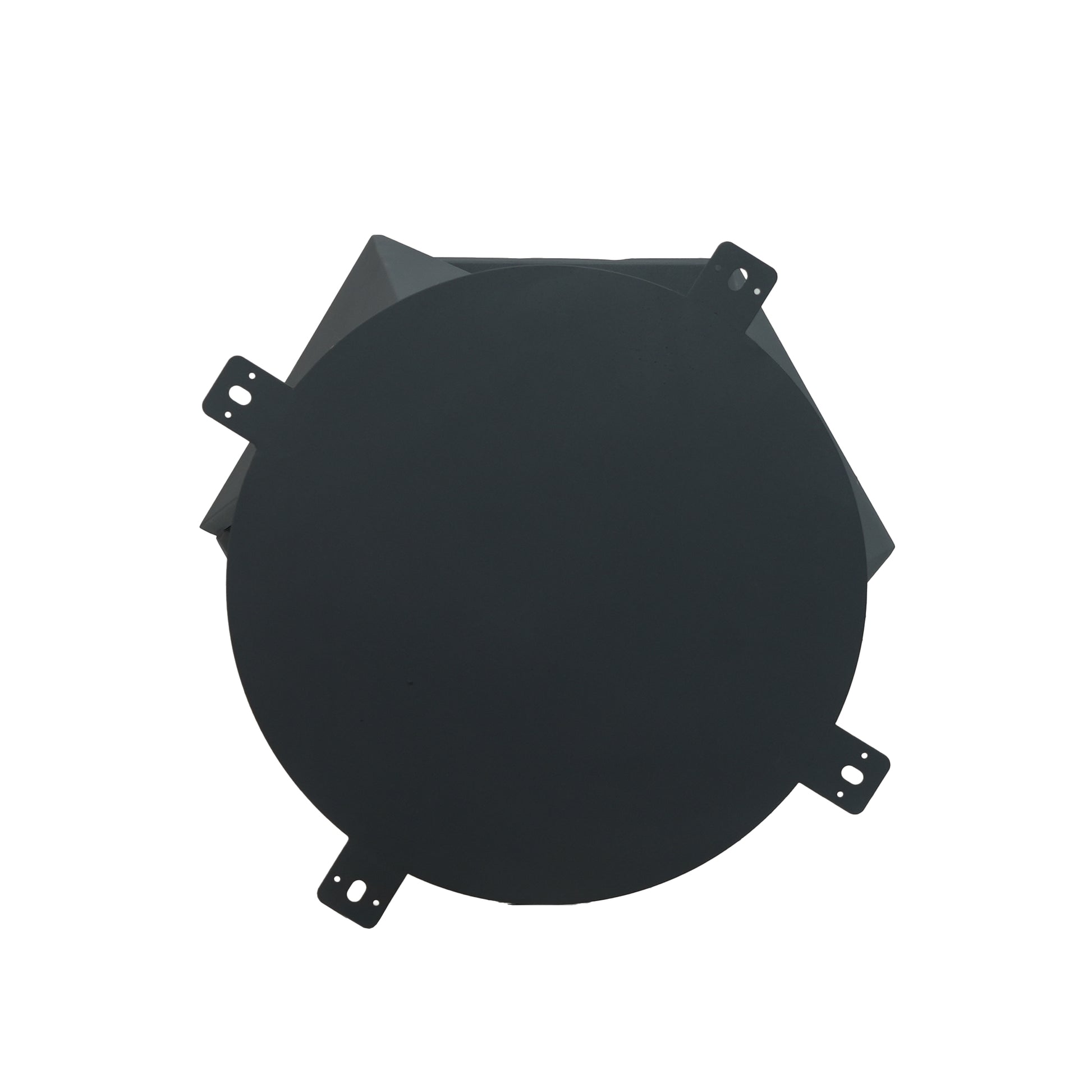 Dark gray circular metal shield with mounting tabs