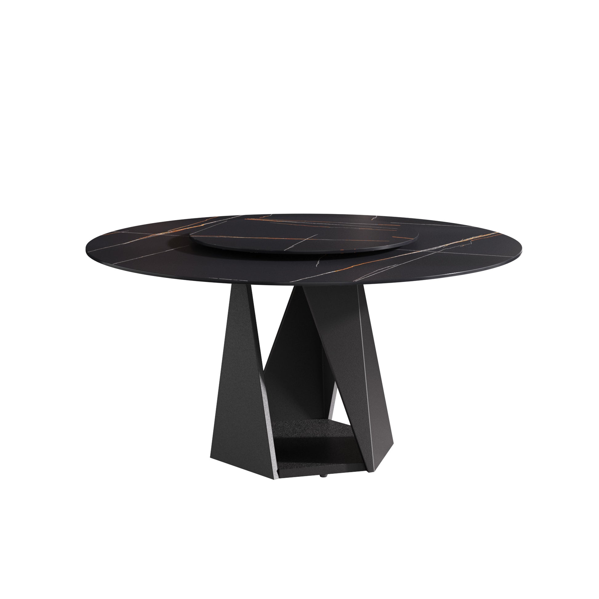 Black marble dining table with a modern geometric base and gold veining