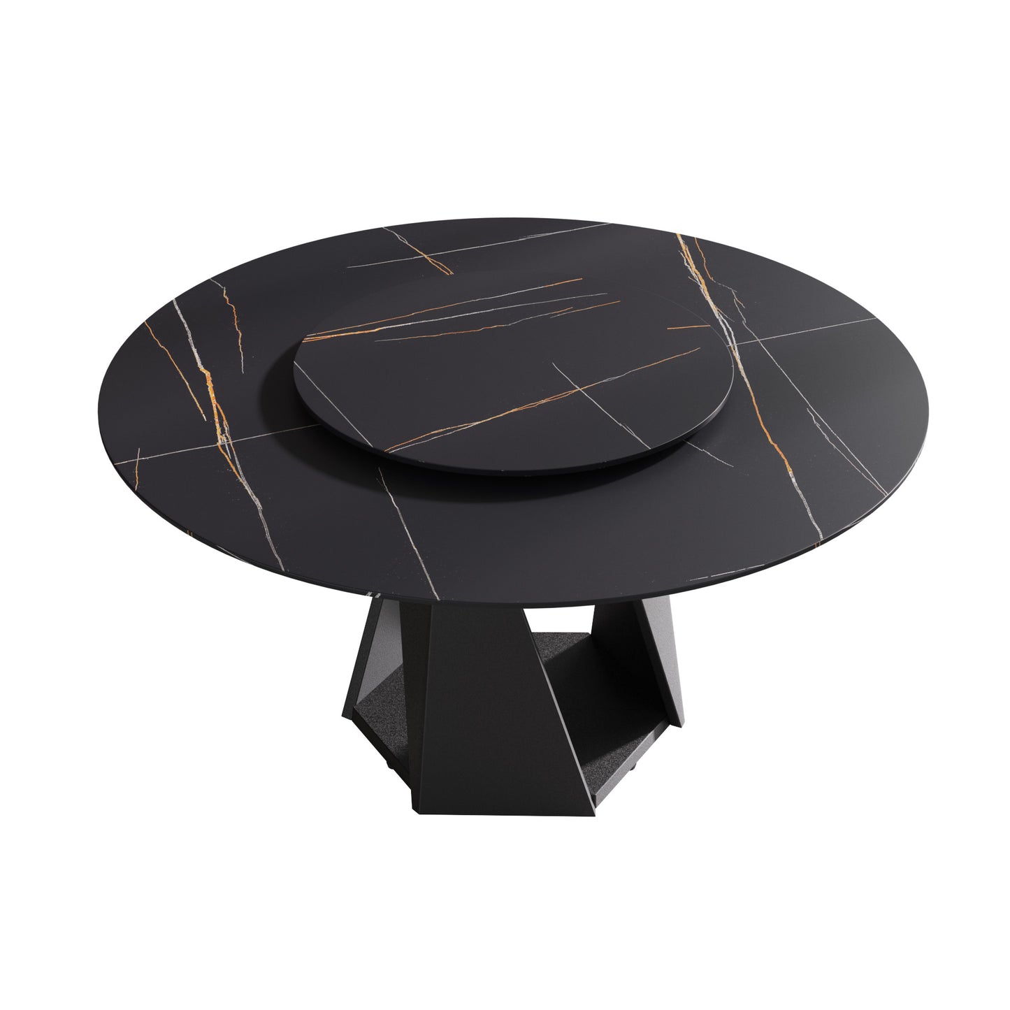 Black round dining table with marblelike veins and rotating centerpiece