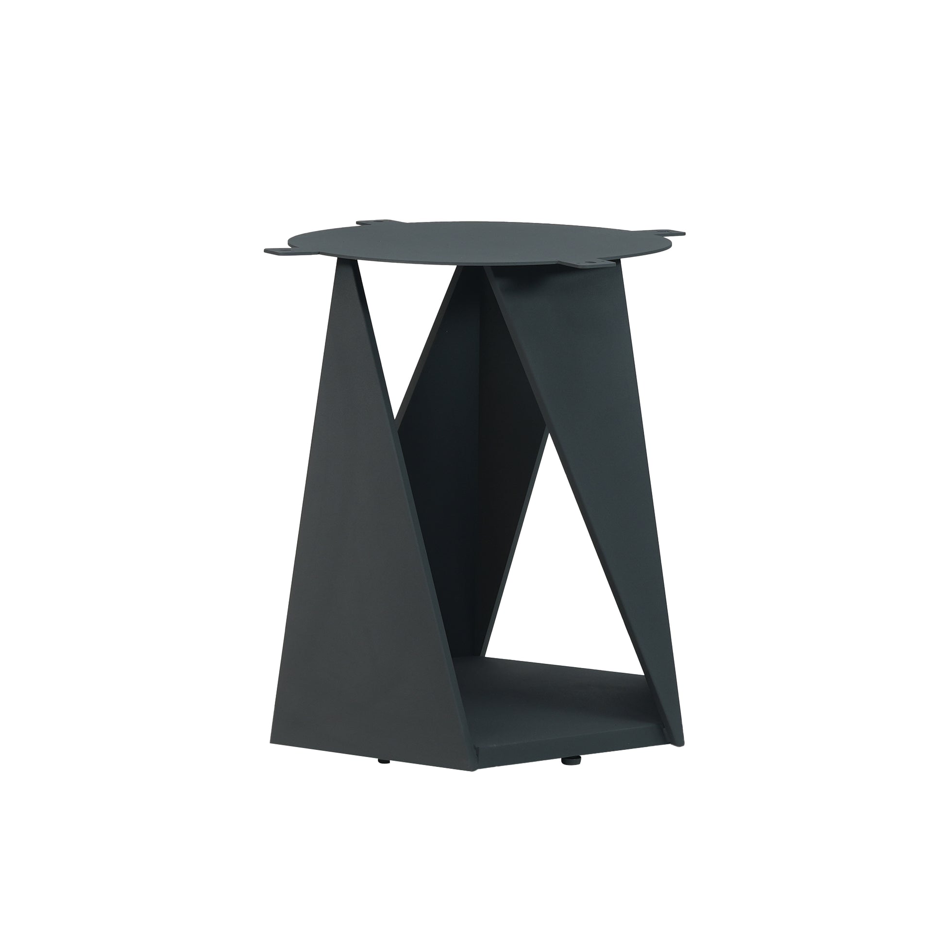 Modern dark grey metal side table with angular base