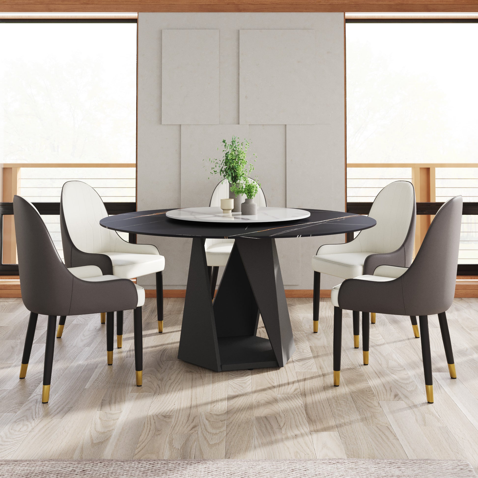 Black marble dining table with rotating tray
