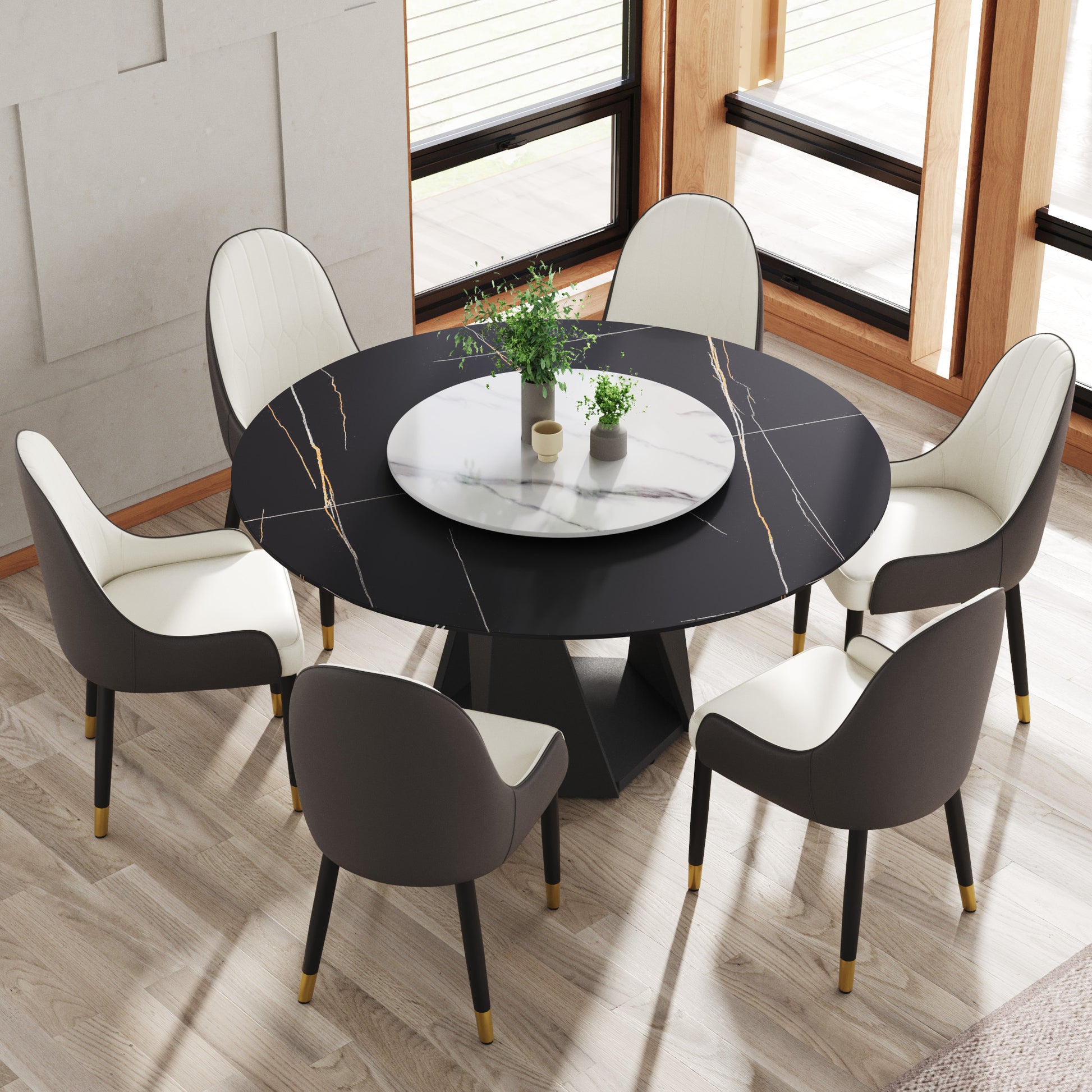 Modern black marble dining table with six upholstered chairs