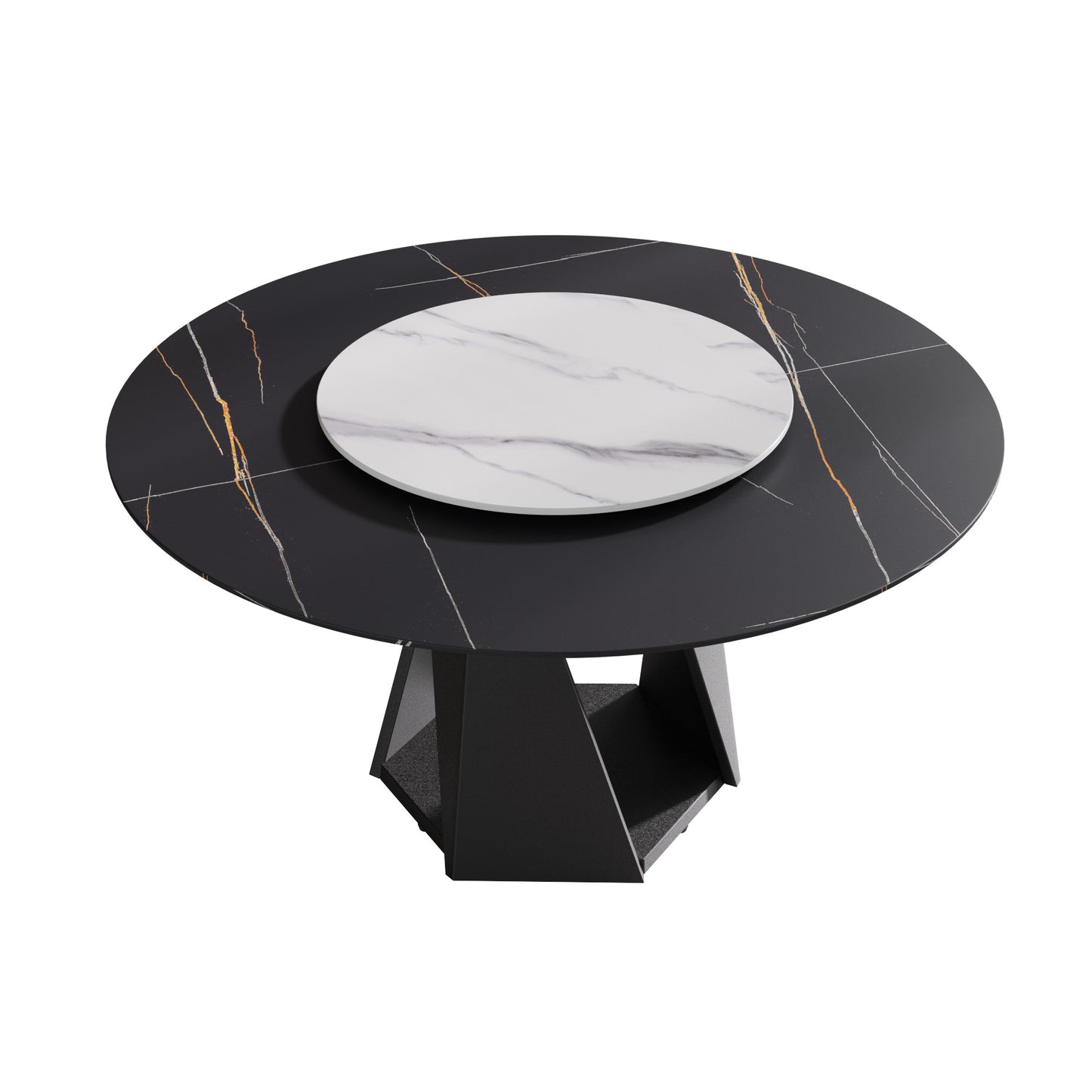 Modern black round dining table with marble inlay and gold accents