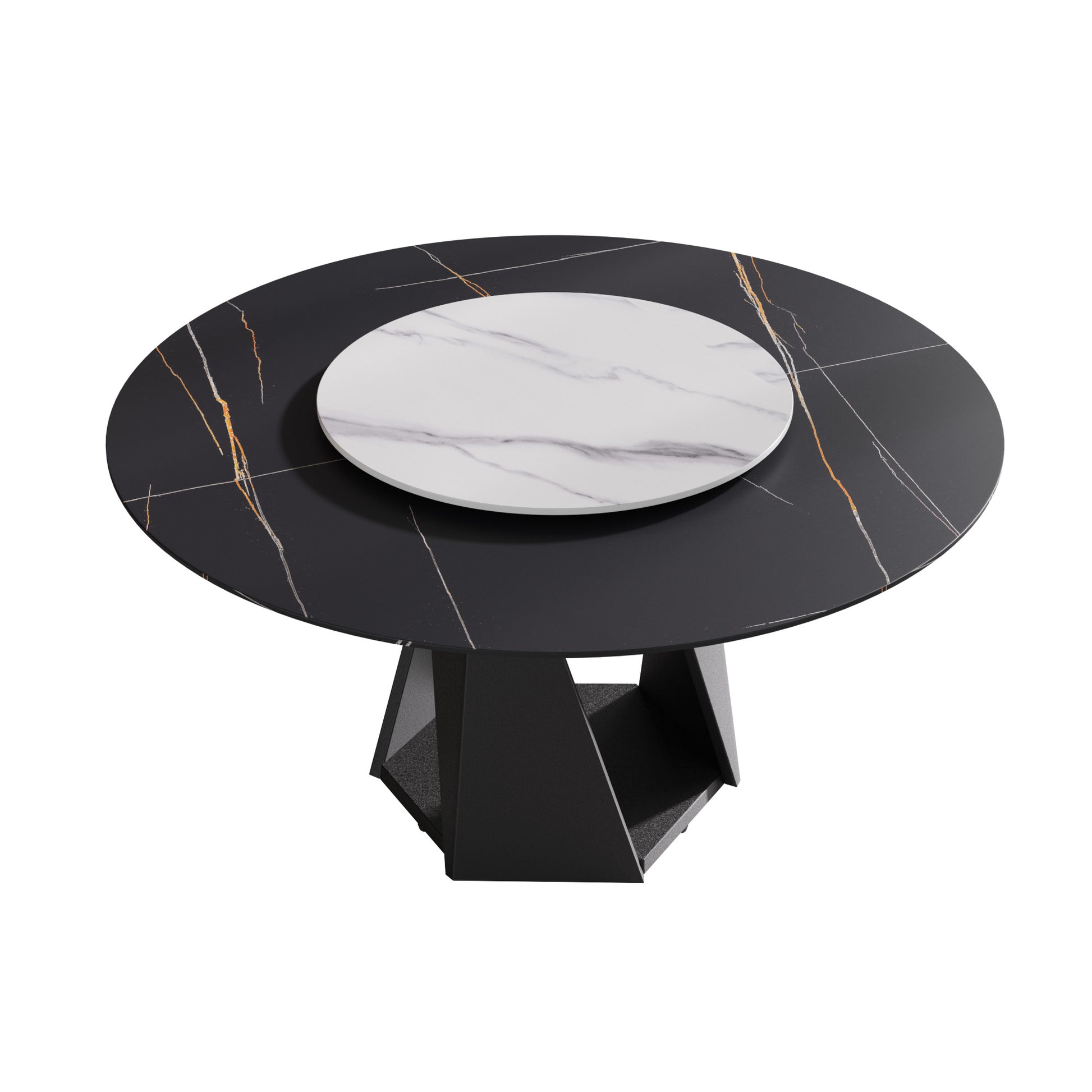 Modern black round dining table with marble inlay and gold accents