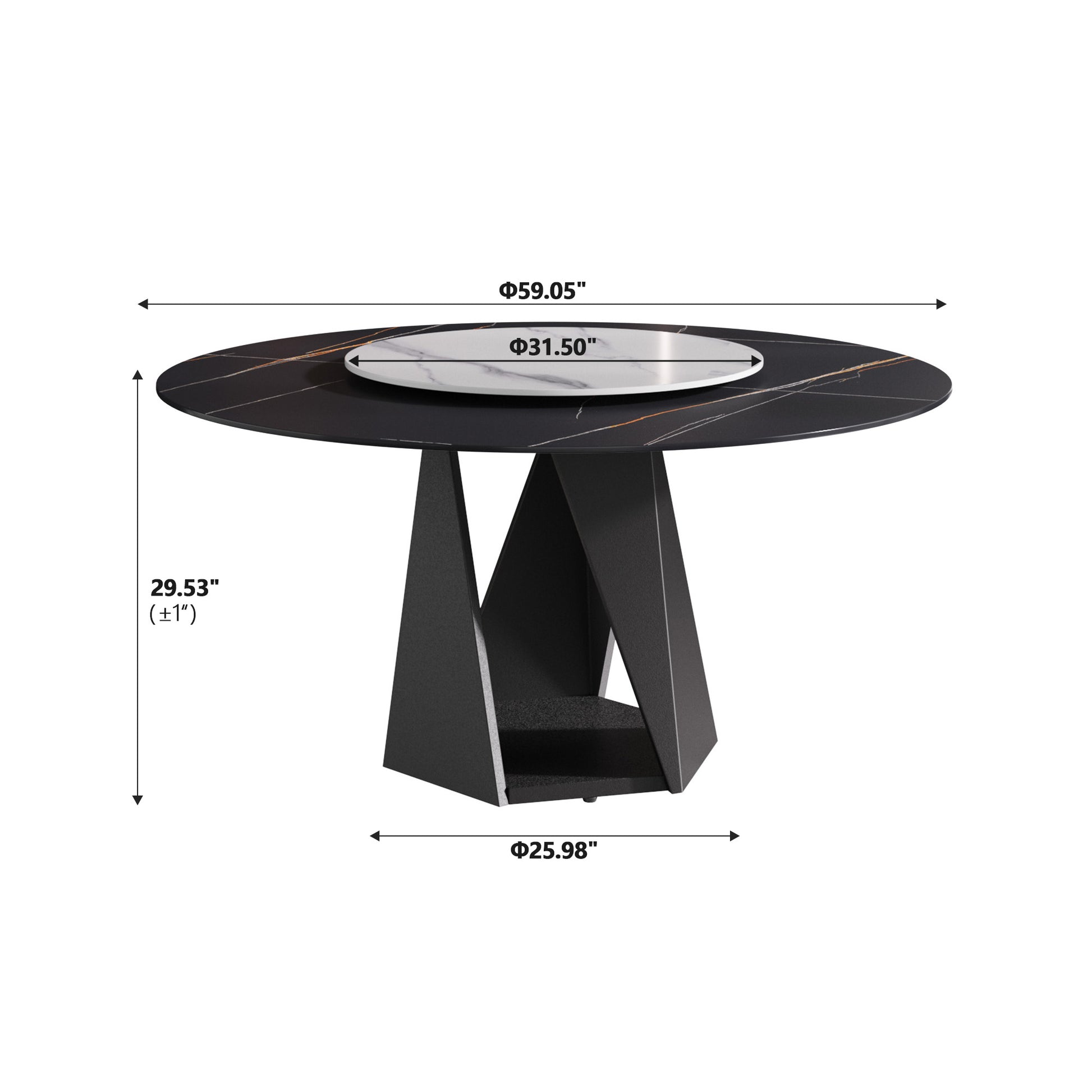 Modern black marble dining table with gold veining and geometric base