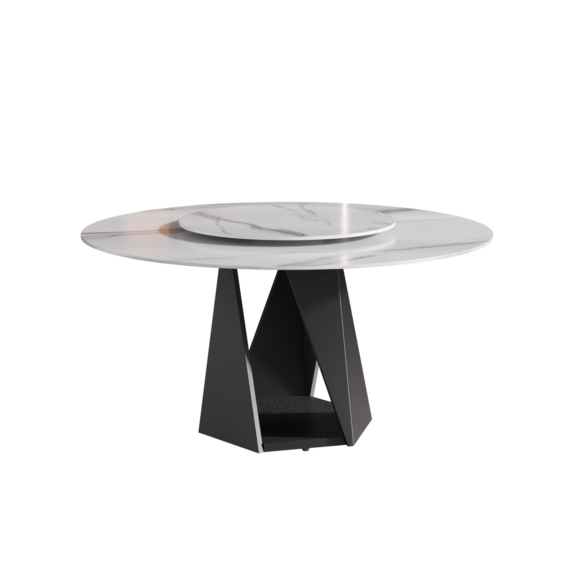 Modern marble top dining table with a geometric metal base