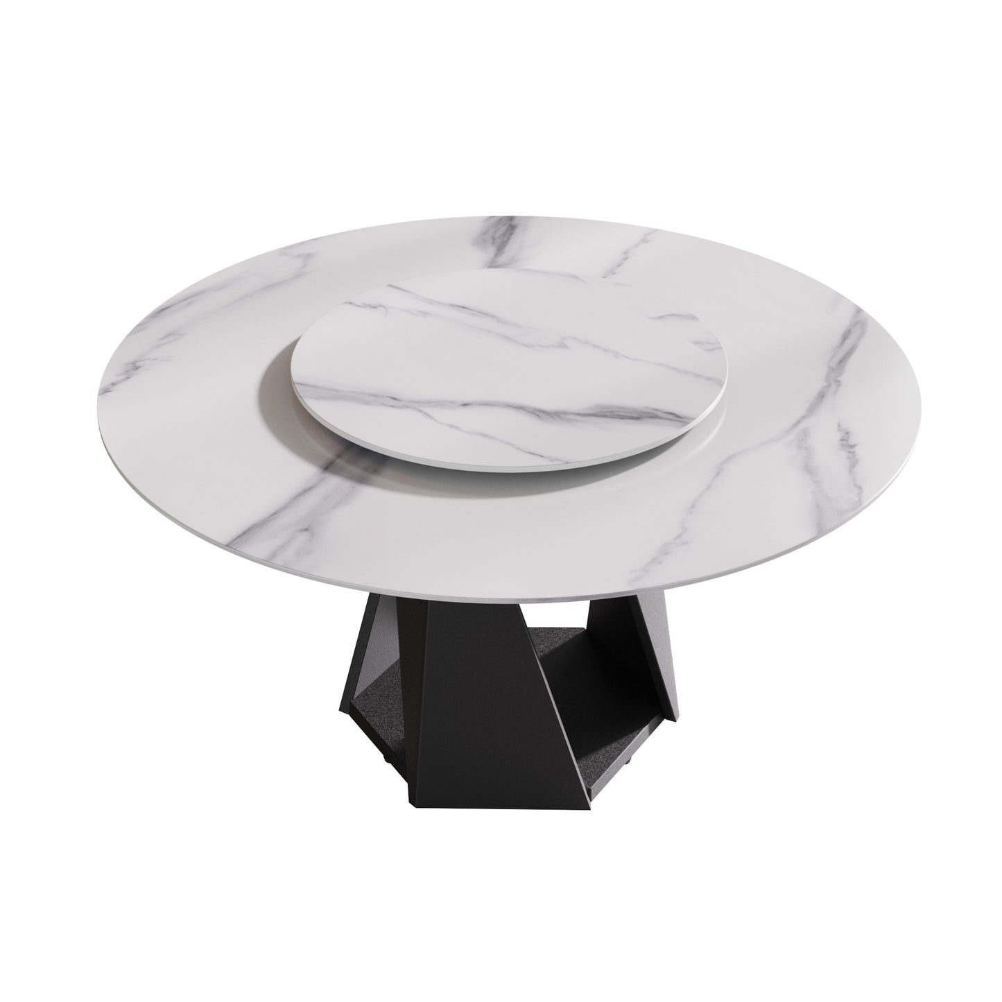 Round marble effect dining table with black geometric base