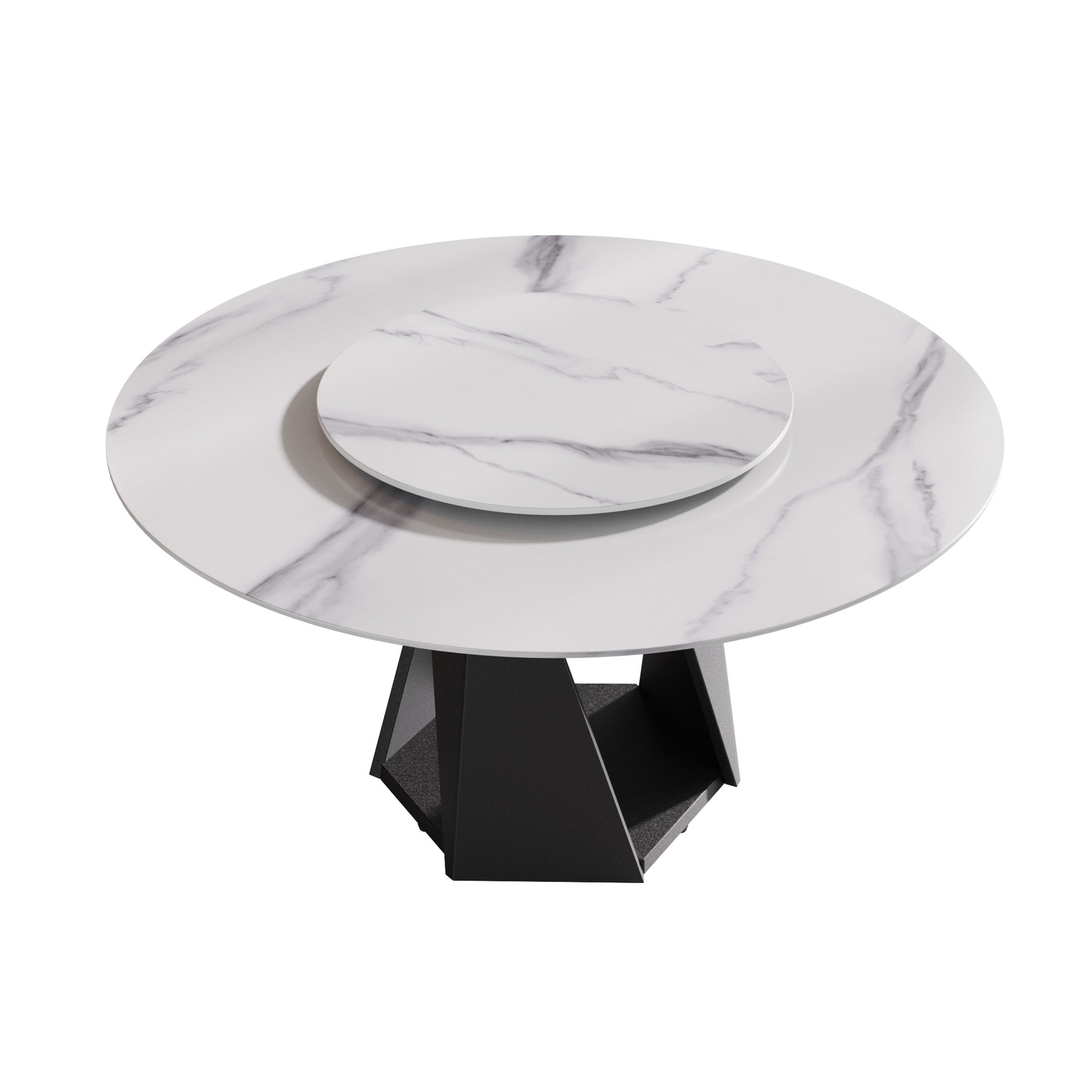 Round marble effect dining table with black geometric base