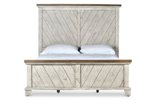 TREATLIFE HOME Queen Bed with Patterned Headboard and Footboard, Rustic Farmhouse Design, Whitewashed Gray Finish